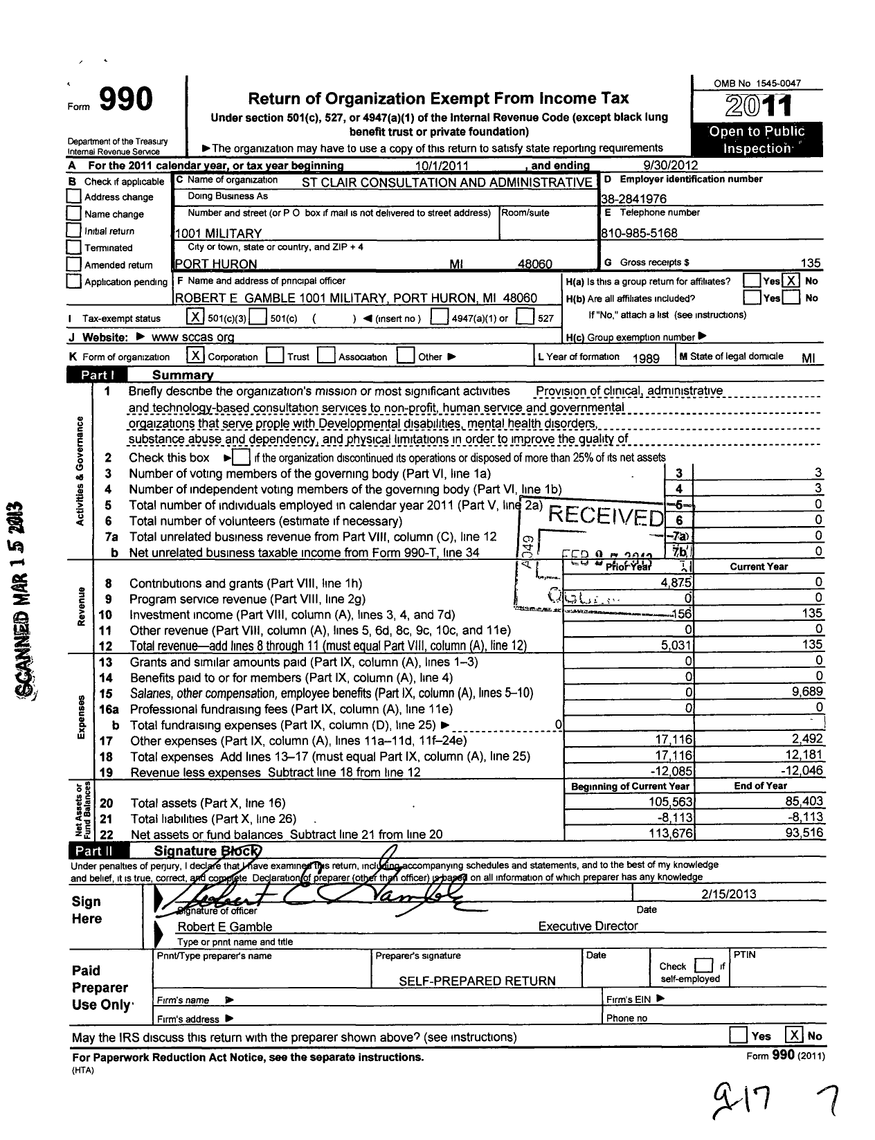 Image of first page of 2011 Form 990 for St Clair Consultation and Administrative Services