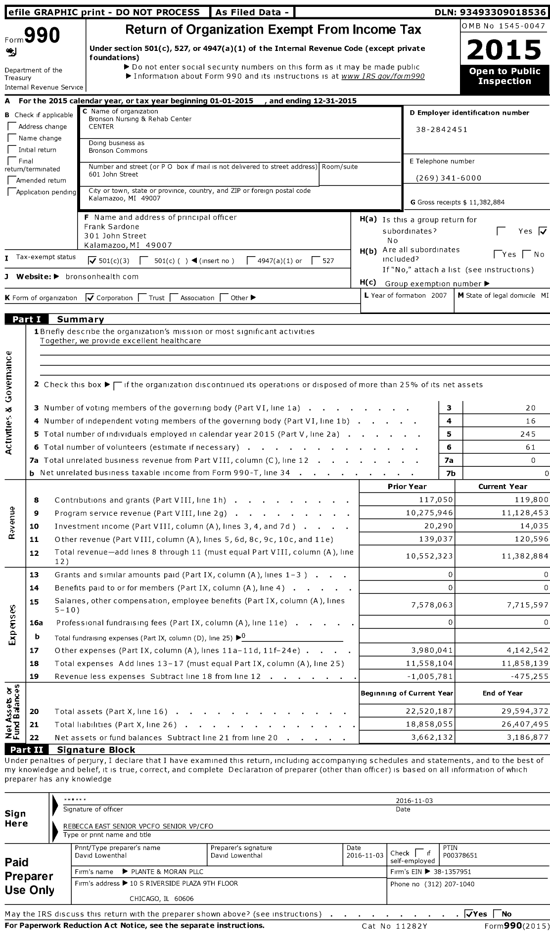 Image of first page of 2015 Form 990 for Bronson Commons