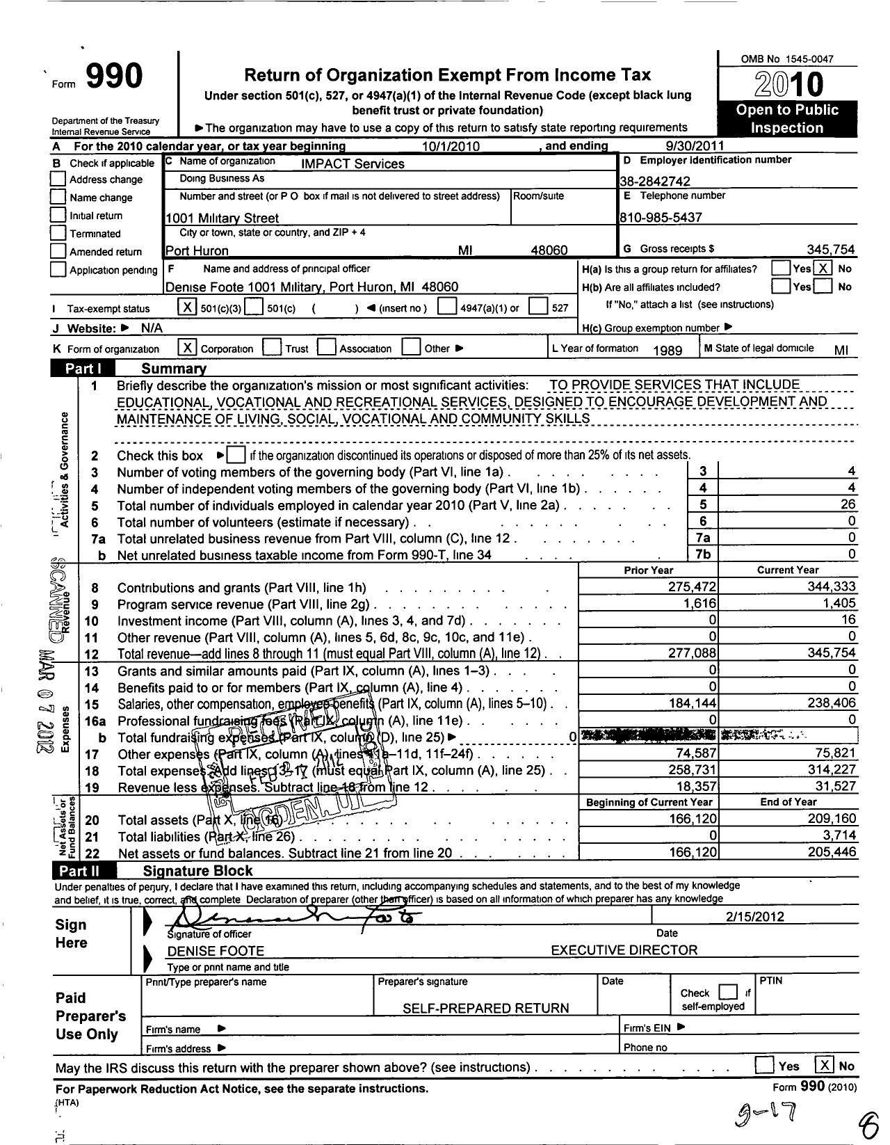 Image of first page of 2010 Form 990 for Impact Services