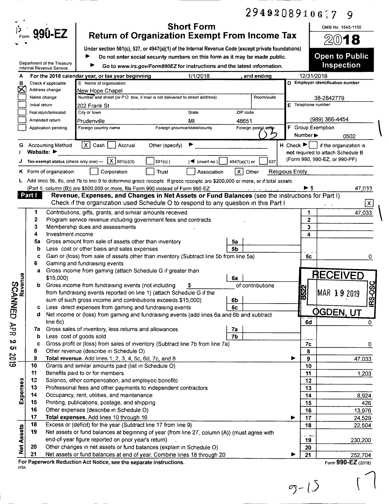 Image of first page of 2018 Form 990EZ for New Hope Chapel