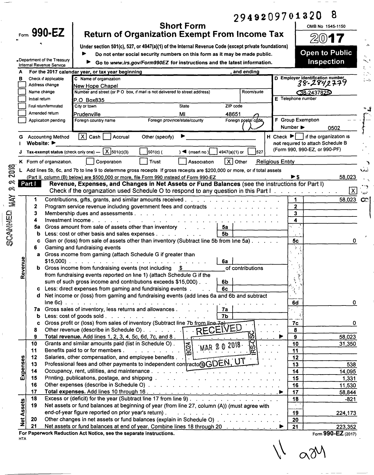 Image of first page of 2017 Form 990EZ for New Hope Chapel