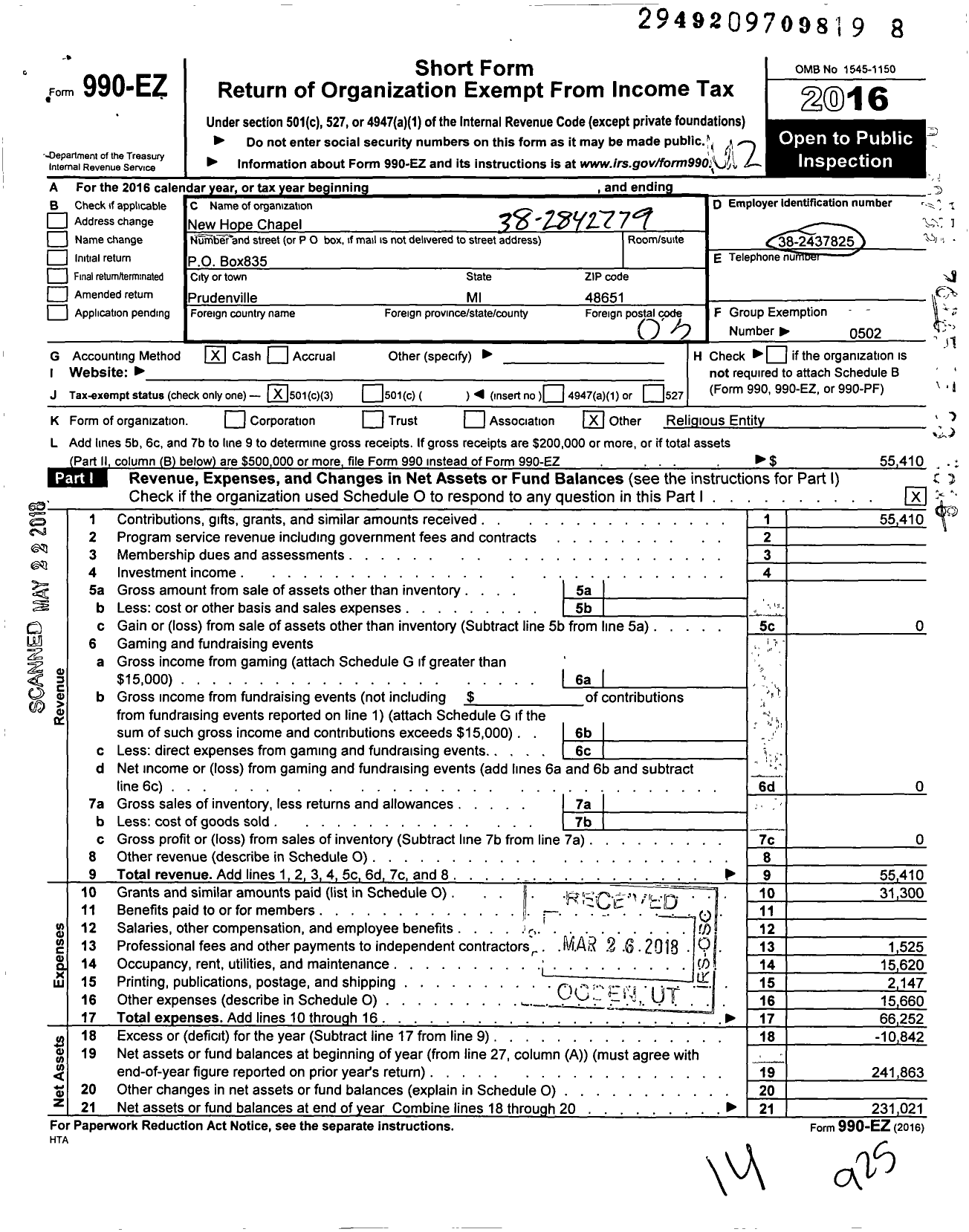 Image of first page of 2016 Form 990EZ for New Hope Chapel