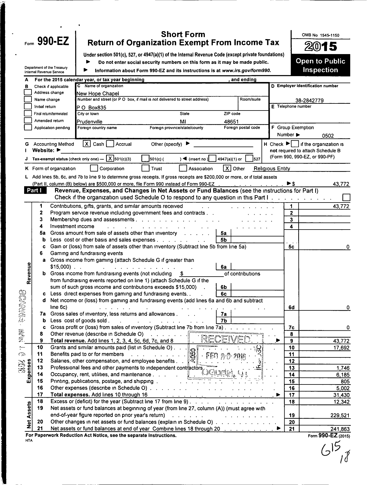 Image of first page of 2015 Form 990EZ for New Hope Chapel