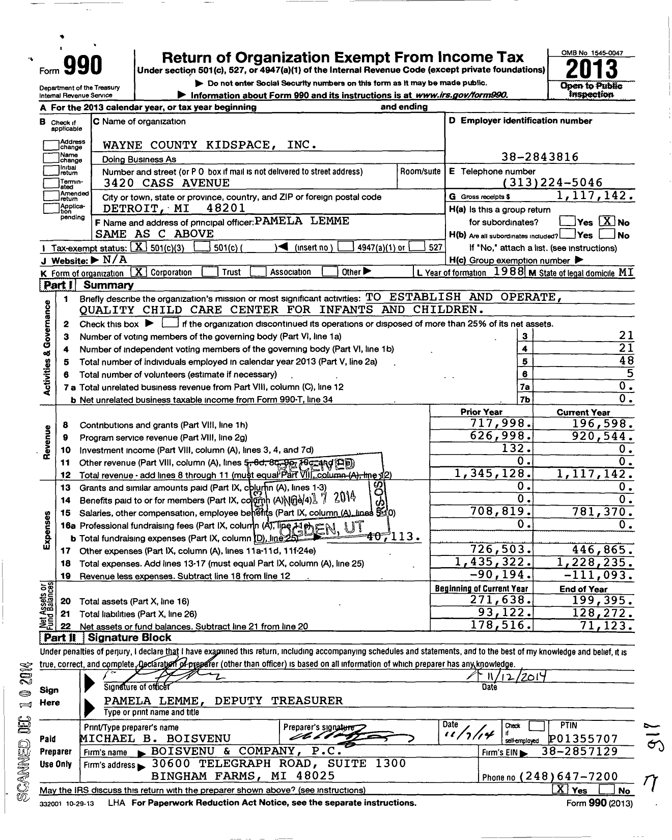 Image of first page of 2013 Form 990 for Wayne County Kidspace