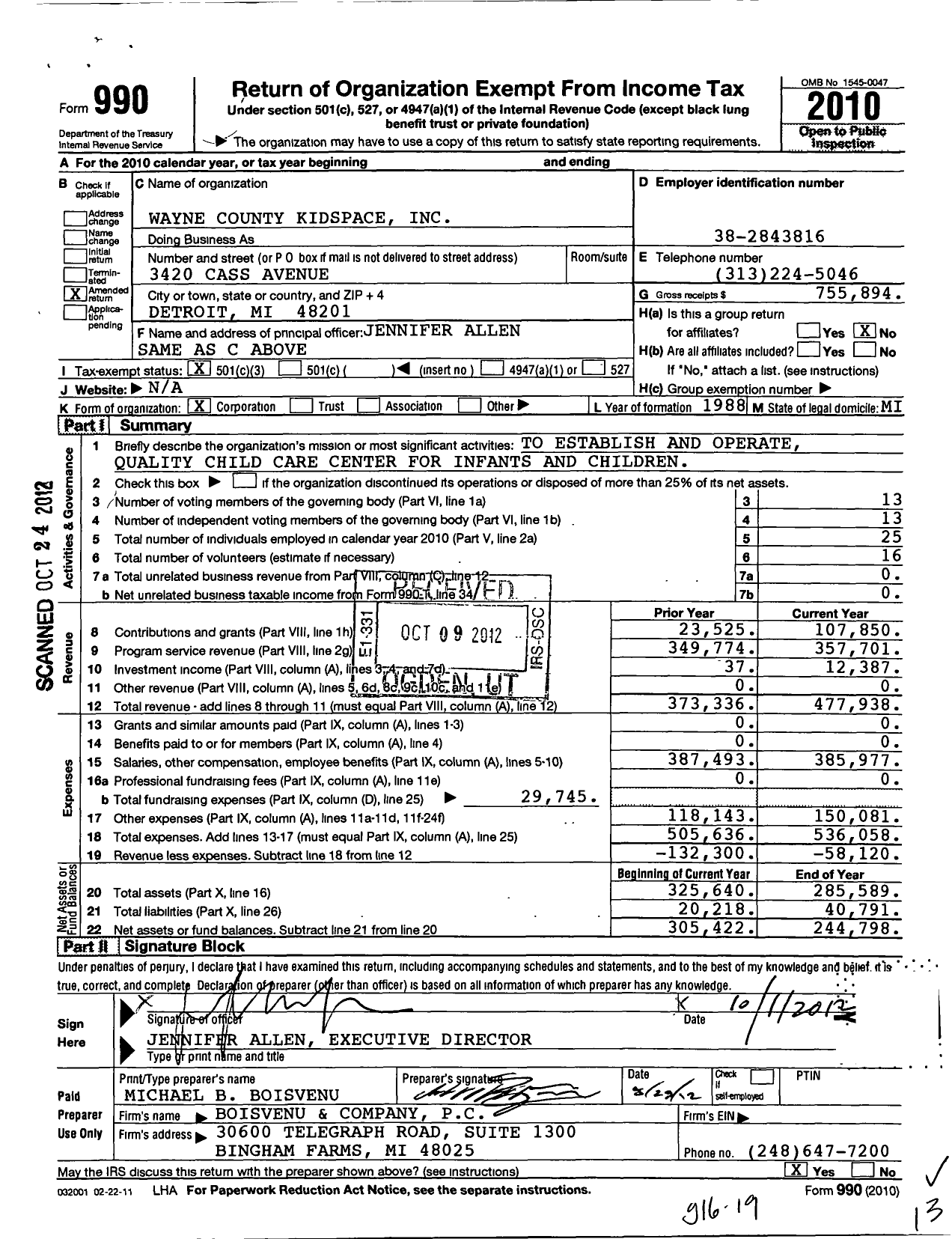 Image of first page of 2010 Form 990 for Wayne County Kidspace