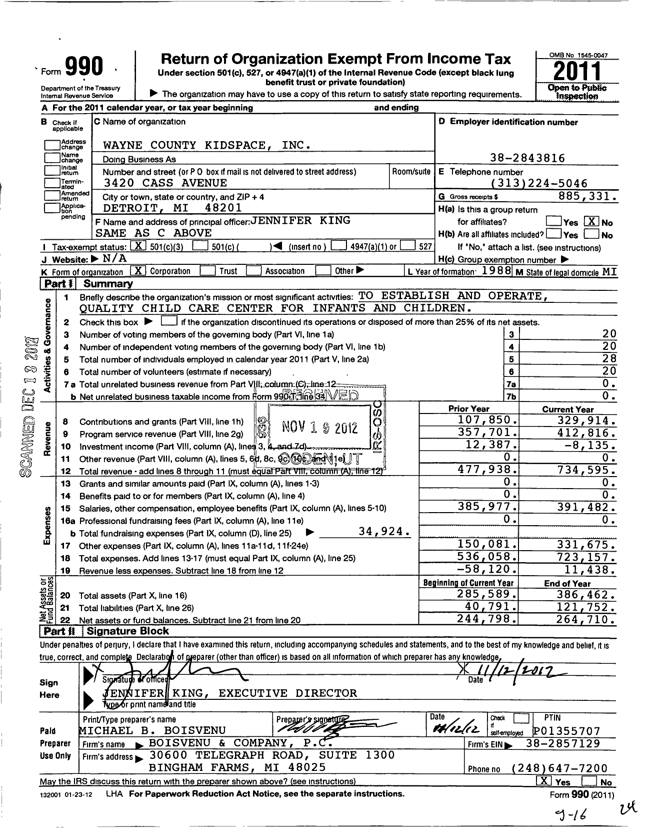 Image of first page of 2011 Form 990 for Wayne County Kidspace