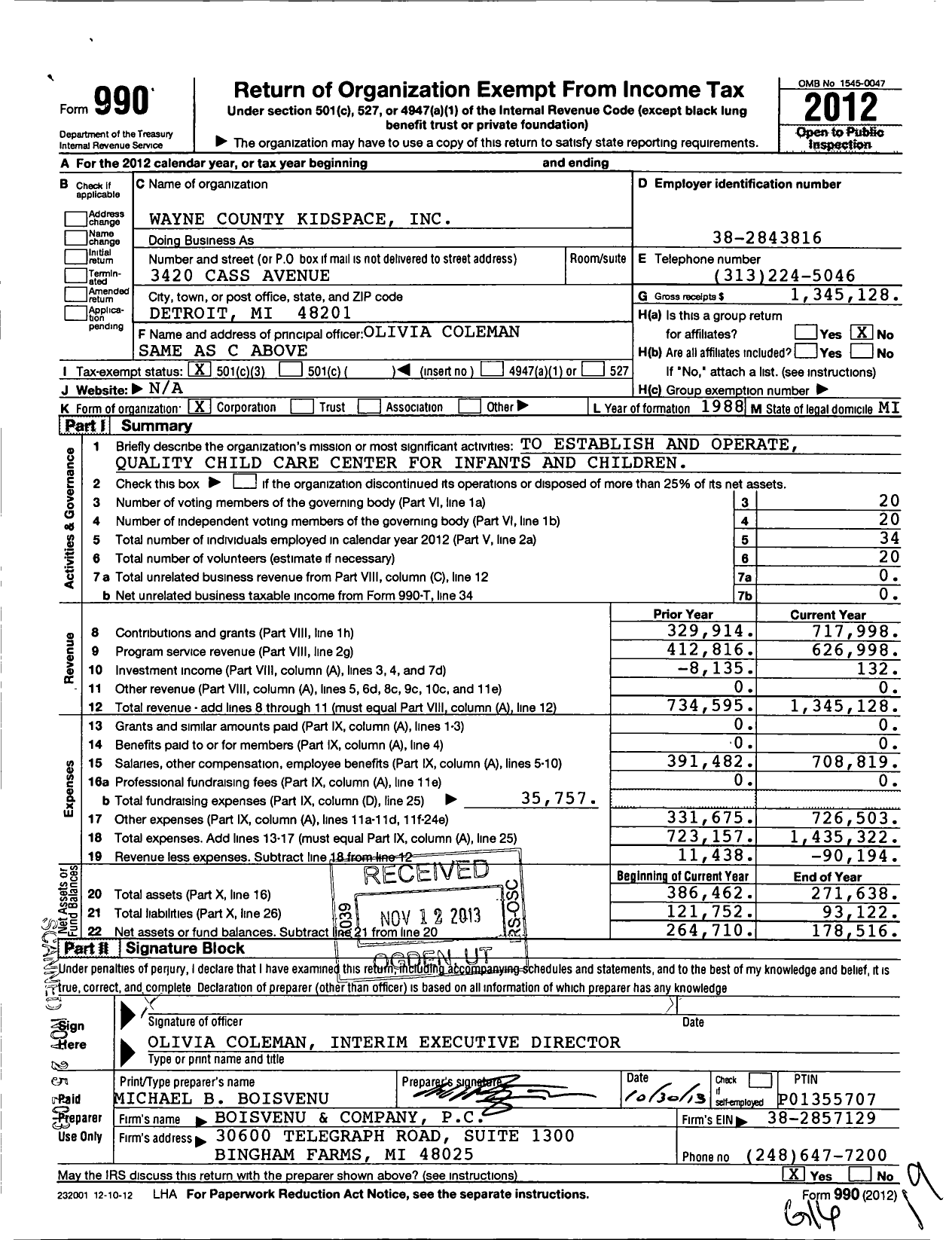 Image of first page of 2012 Form 990 for Wayne County Kidspace