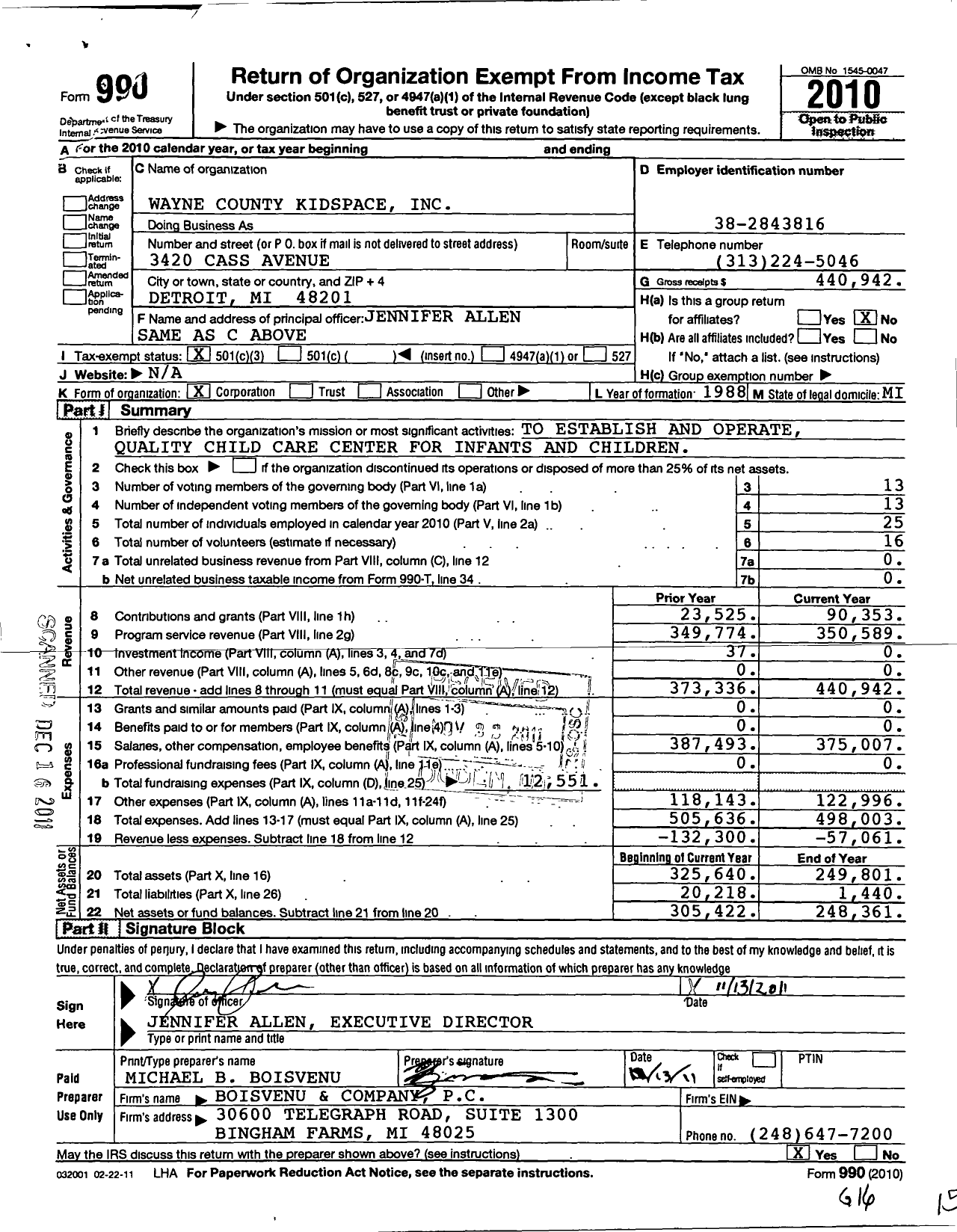 Image of first page of 2010 Form 990 for Wayne County Kidspace