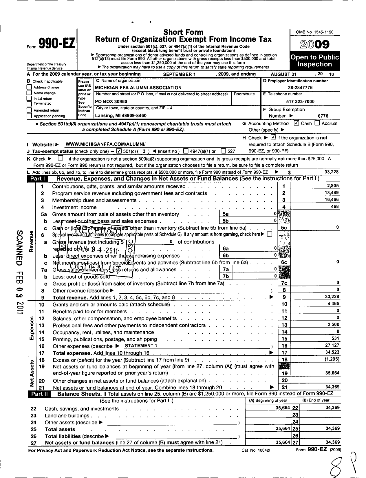 Image of first page of 2009 Form 990EZ for Future Farmers of America - Michigan Ffa Alumni Association