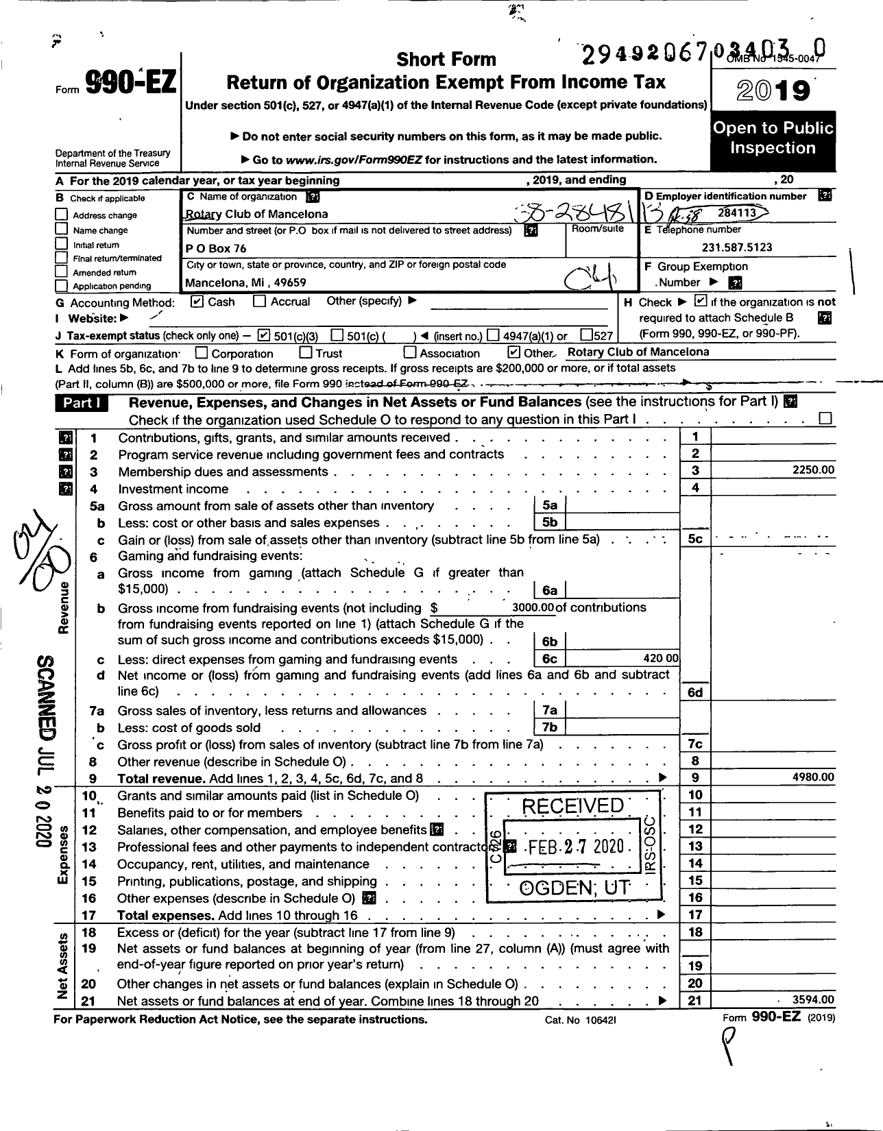 Image of first page of 2019 Form 990EO for Rotary International - Rotary Club of Mancelona Michigan U