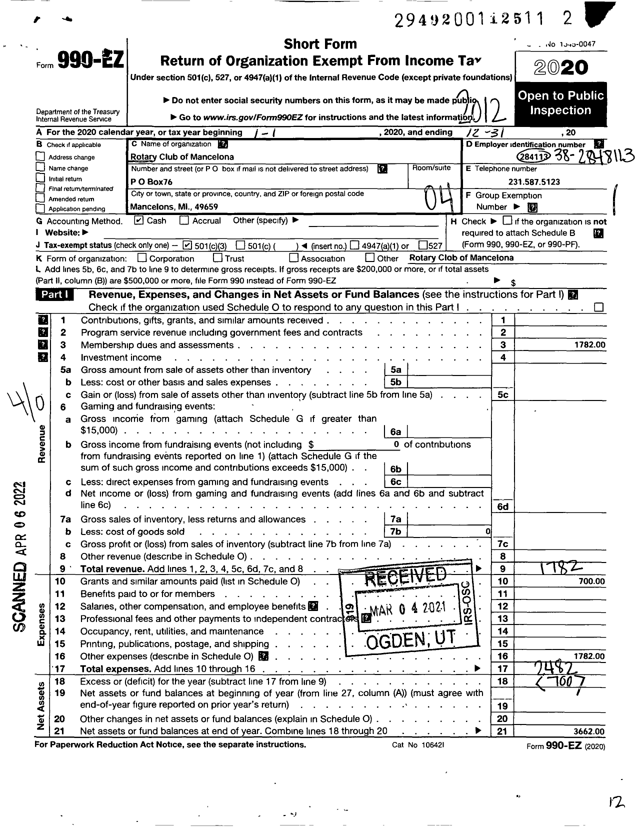 Image of first page of 2020 Form 990EO for Rotary International - Rotary Club of Mancelona Michigan U