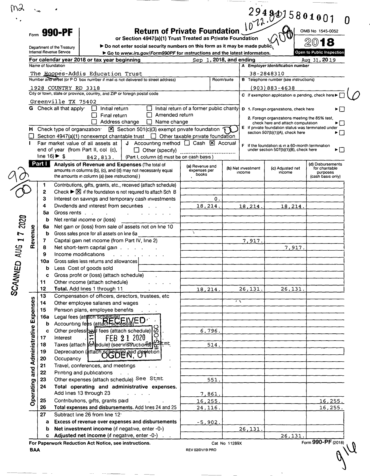 Image of first page of 2018 Form 990PR for The Hoopes-Addis Education Trust