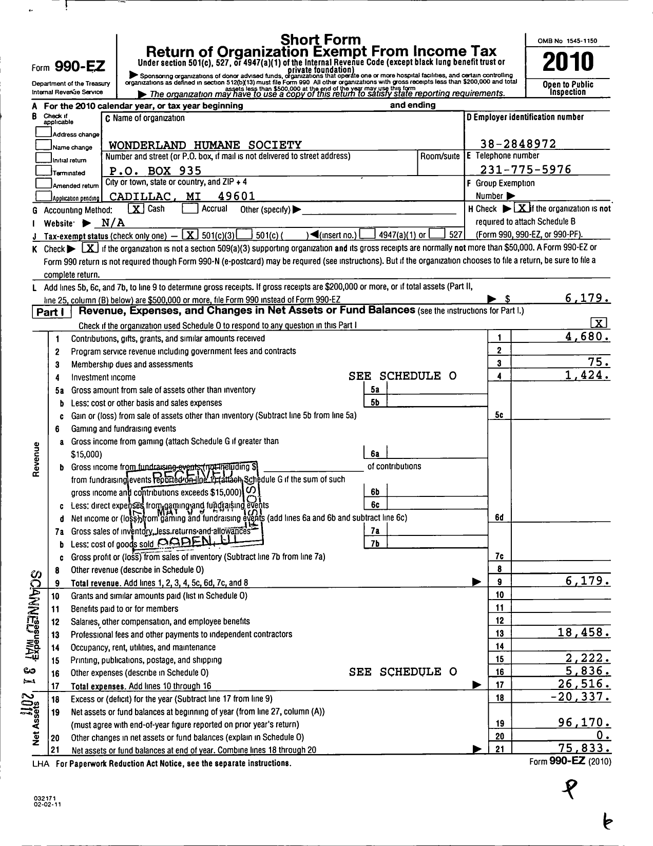 Image of first page of 2010 Form 990EZ for Wonderland Humane Society