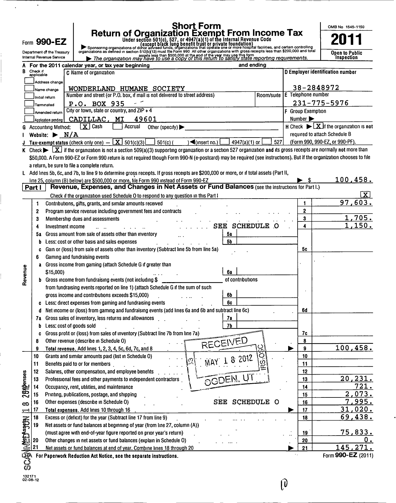 Image of first page of 2011 Form 990EZ for Wonderland Humane Society