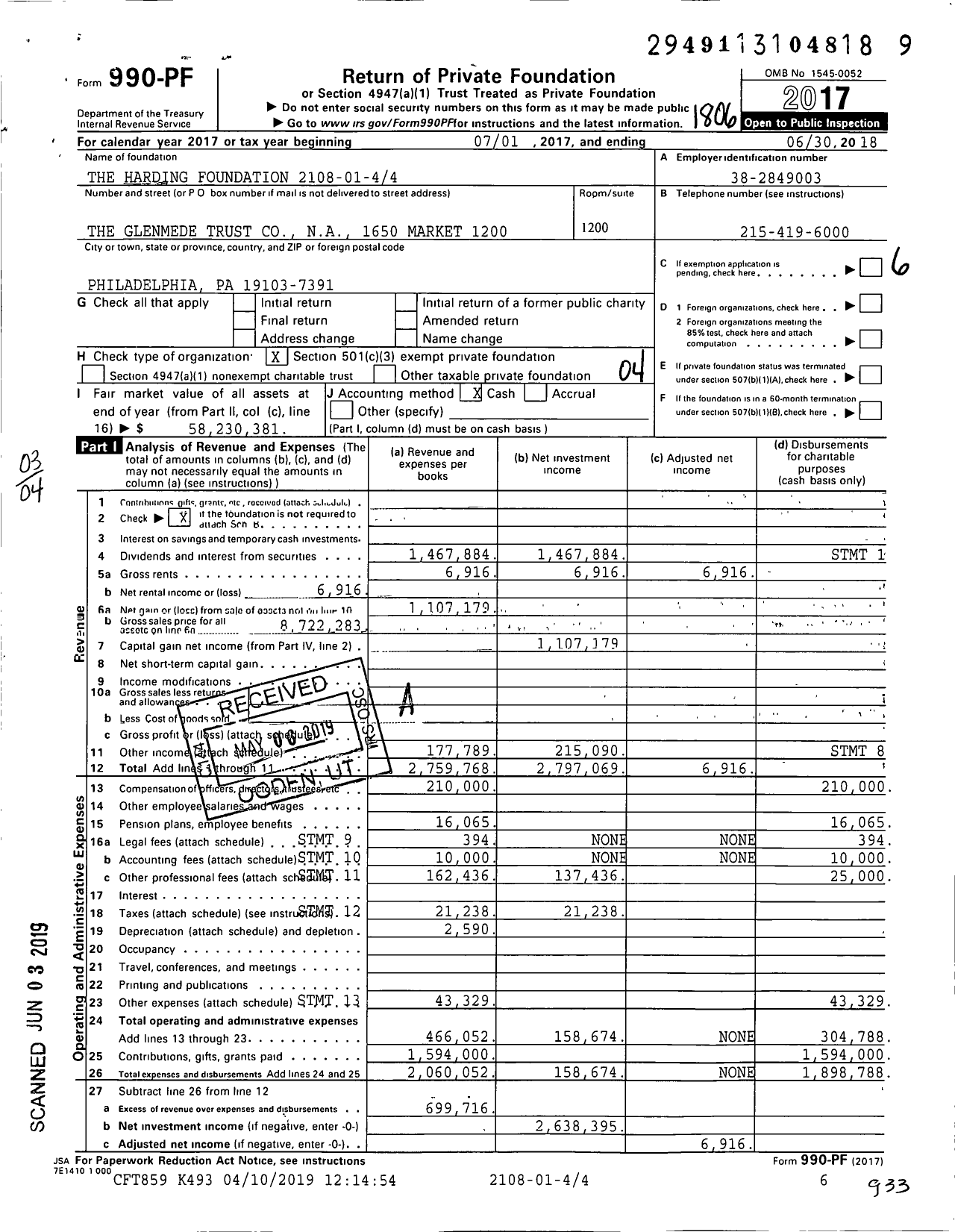 Image of first page of 2017 Form 990PF for The Harding Foundation 2108-01-44
