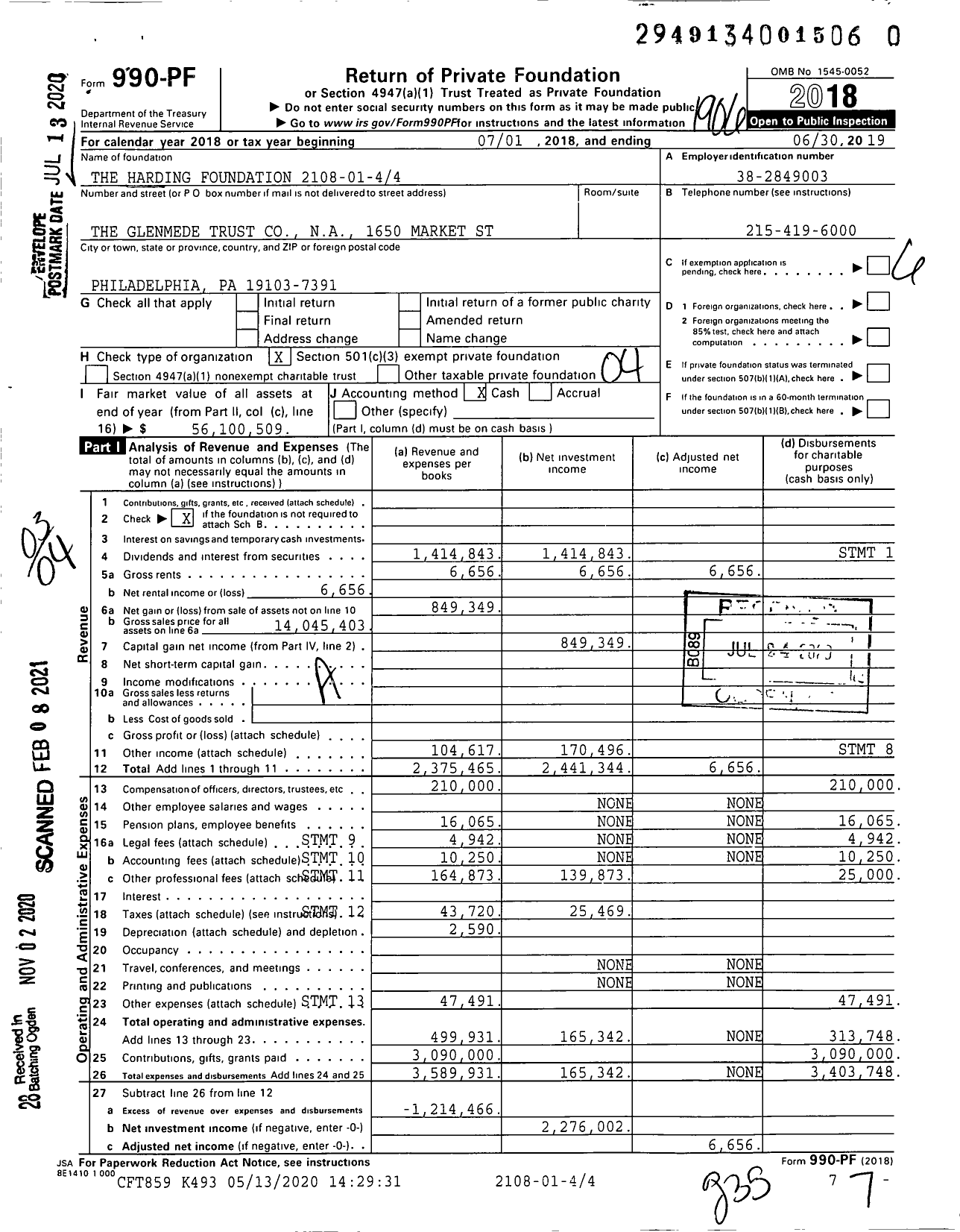 Image of first page of 2018 Form 990PF for The Harding Foundation 2108-01-44
