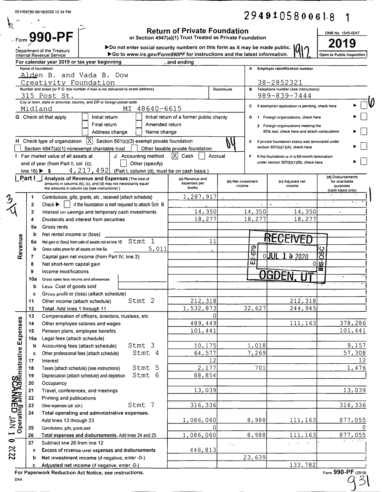 Image of first page of 2019 Form 990PF for Alden B and Vada B Dow Creativity Foundation