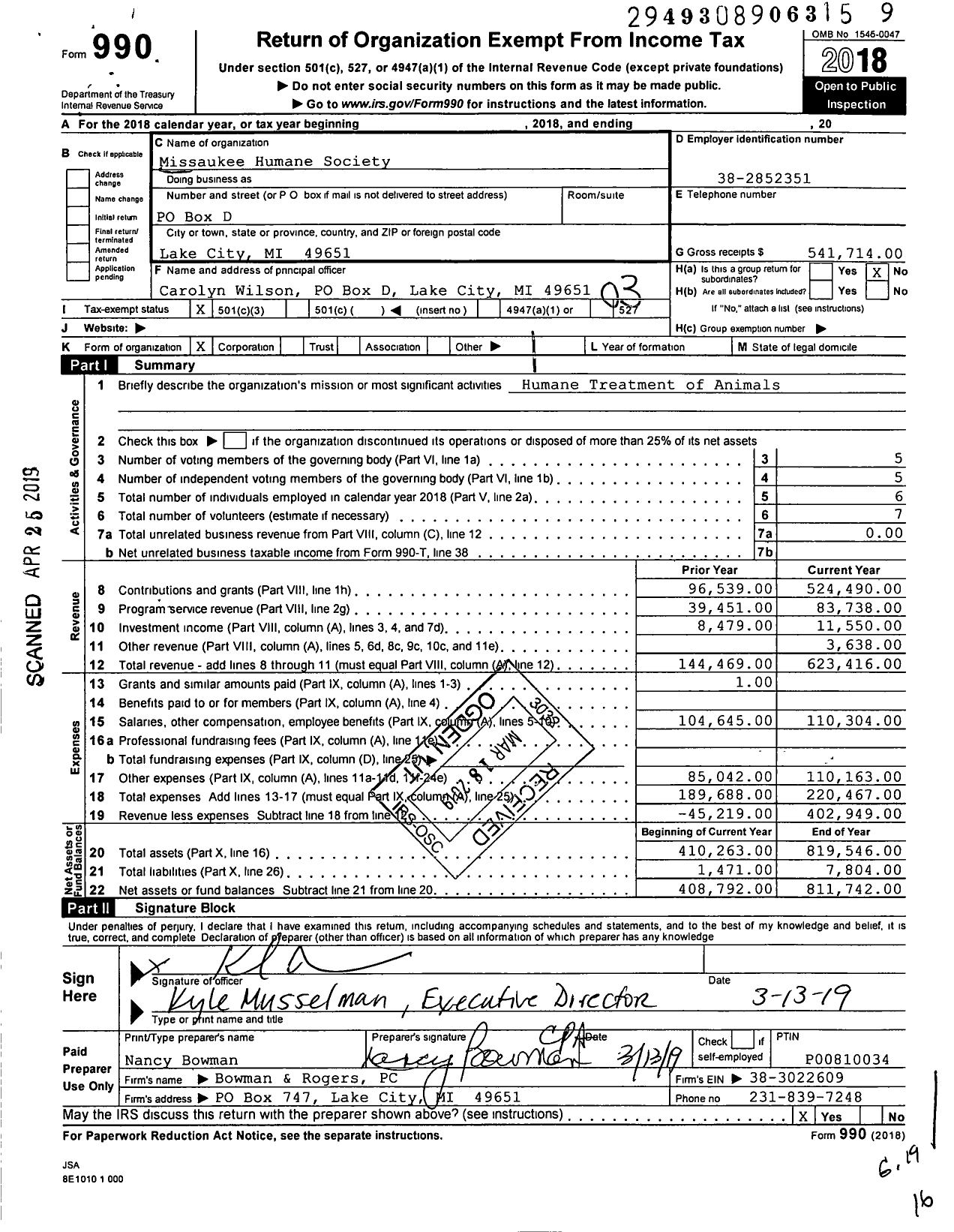 Image of first page of 2018 Form 990 for Missaukee Humane Society