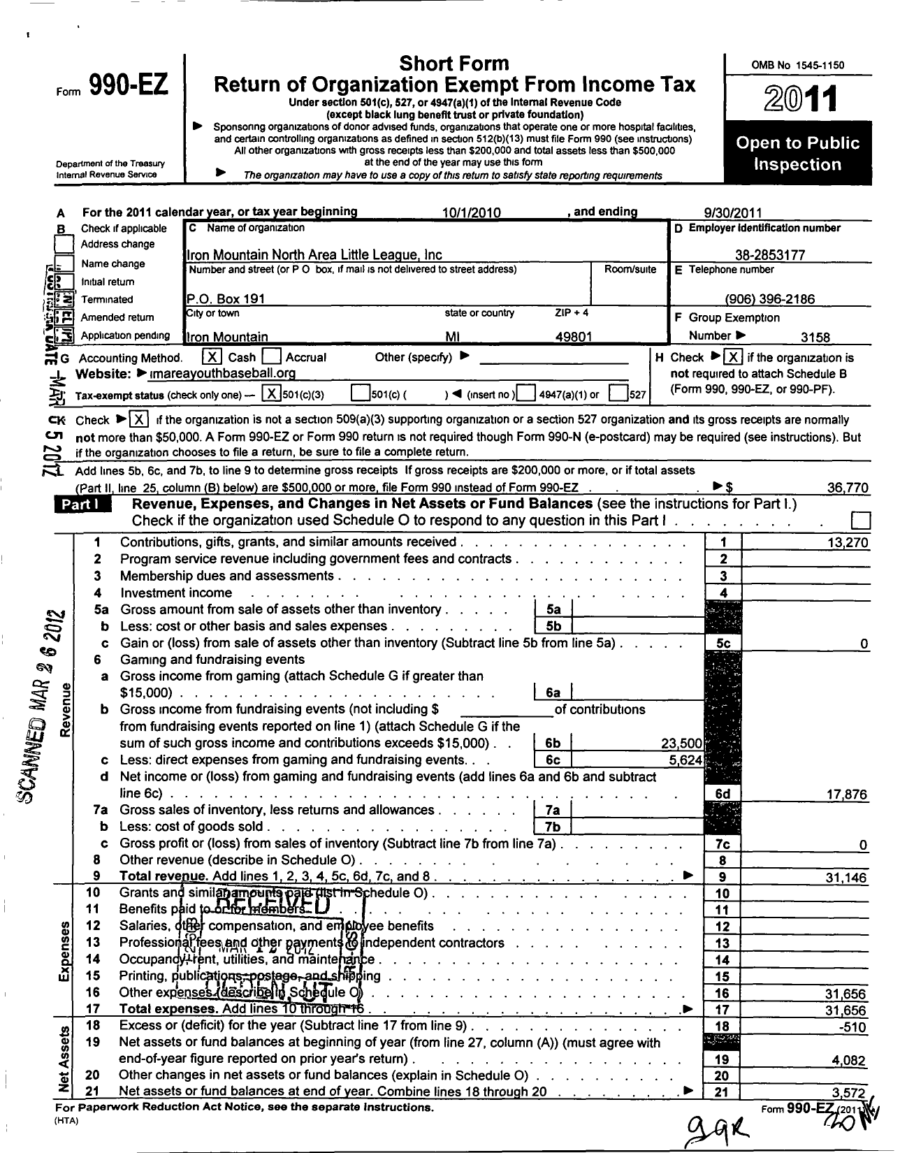 Image of first page of 2010 Form 990EZ for Little League Baseball - 1221007 Iron Mountain North Area LL