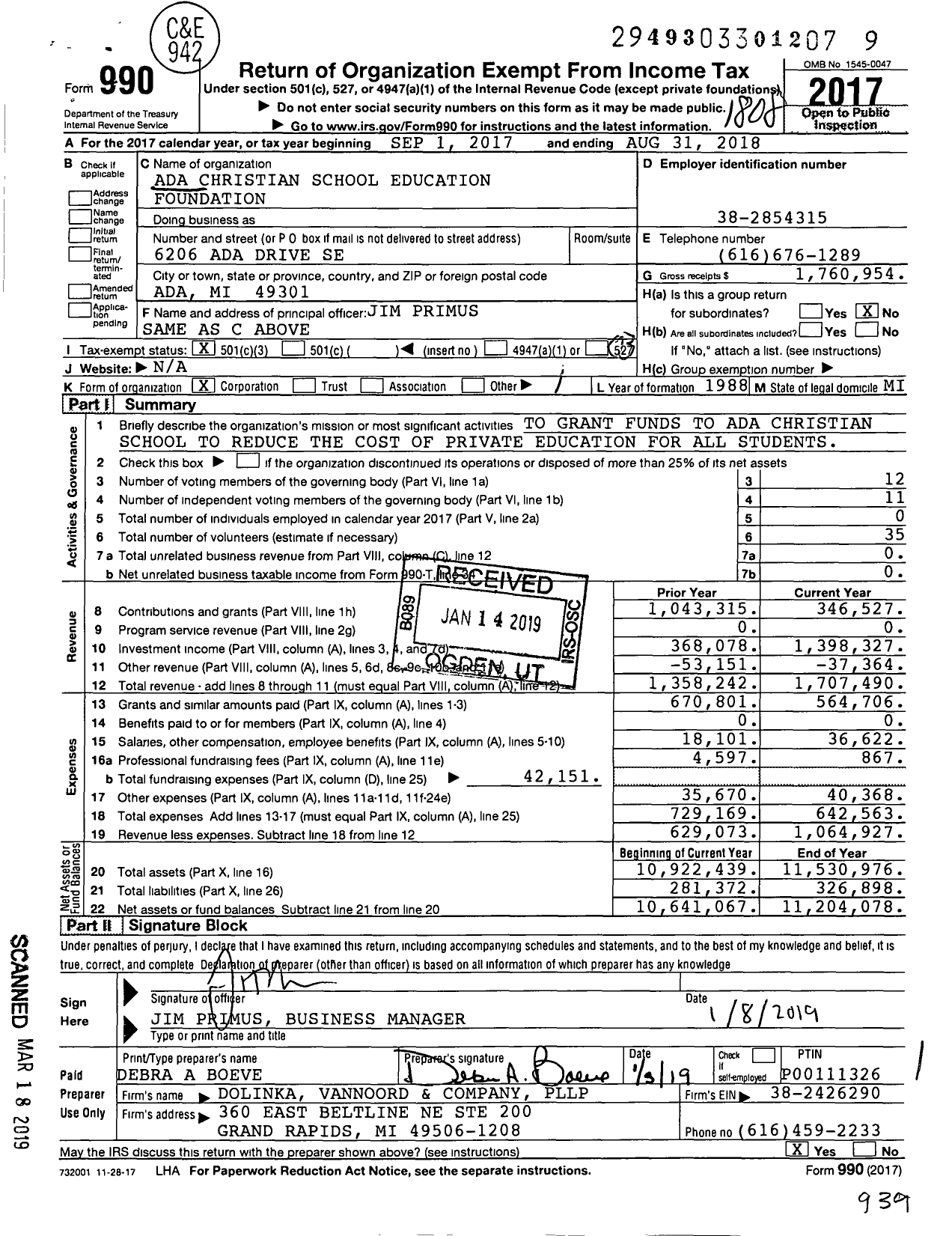 Image of first page of 2017 Form 990 for Ada Christian School Education Foundation