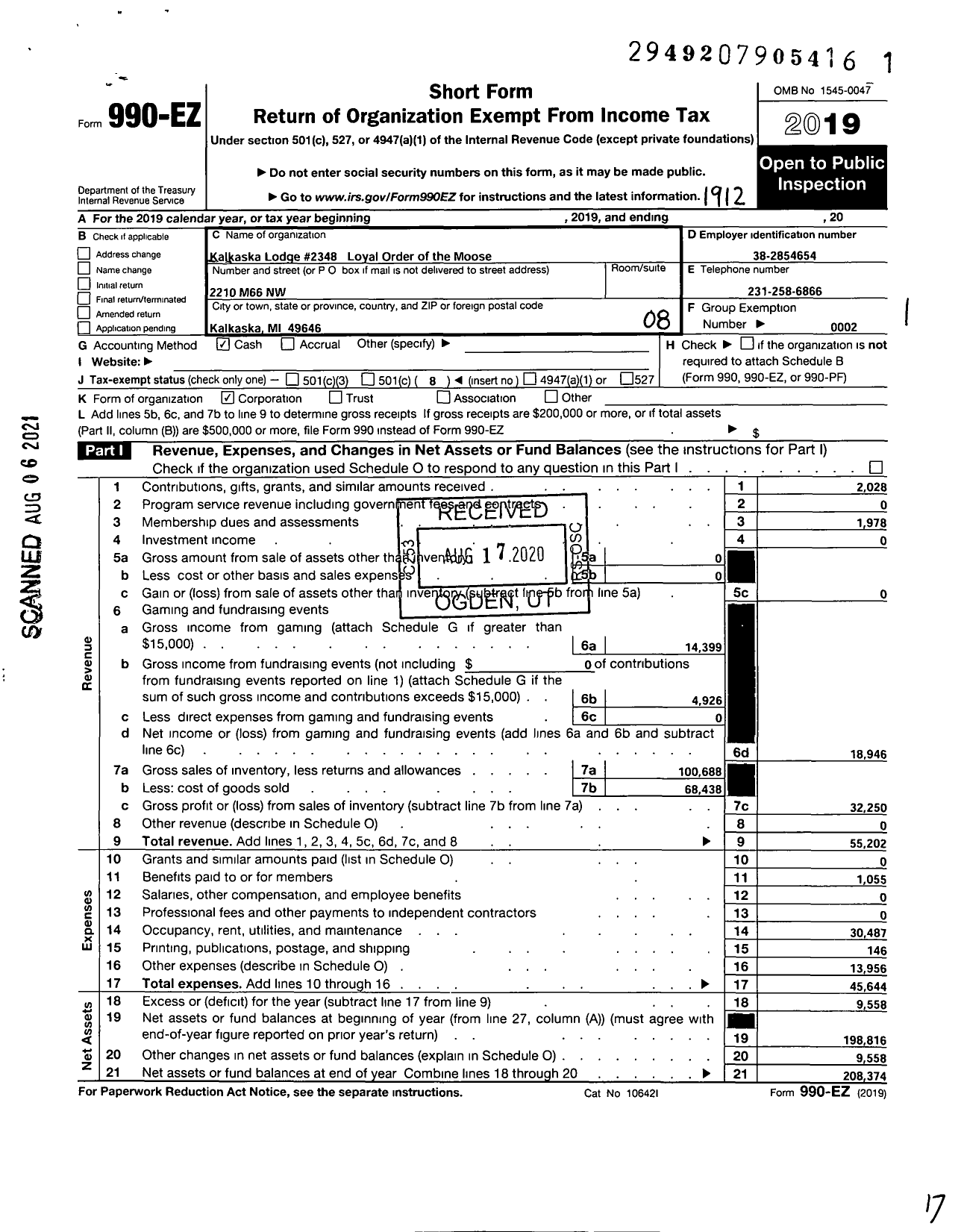 Image of first page of 2019 Form 990EO for Kalkaska Lodge 2348 Loyal Order of Moose
