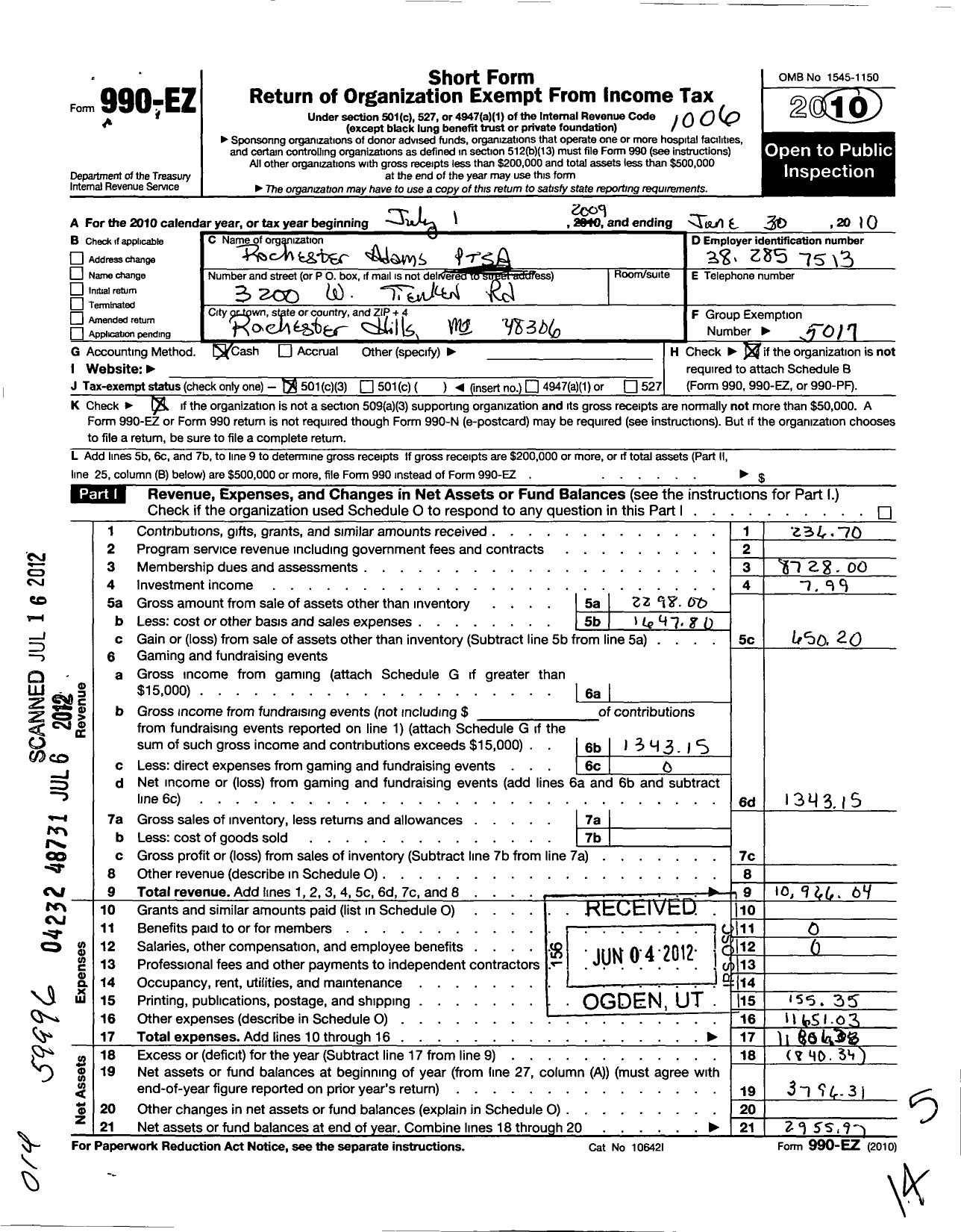 Image of first page of 2009 Form 990EZ for Ptsa Michigan Congress of Parents Teachers and Students / Rochester Adams High School Ptsa