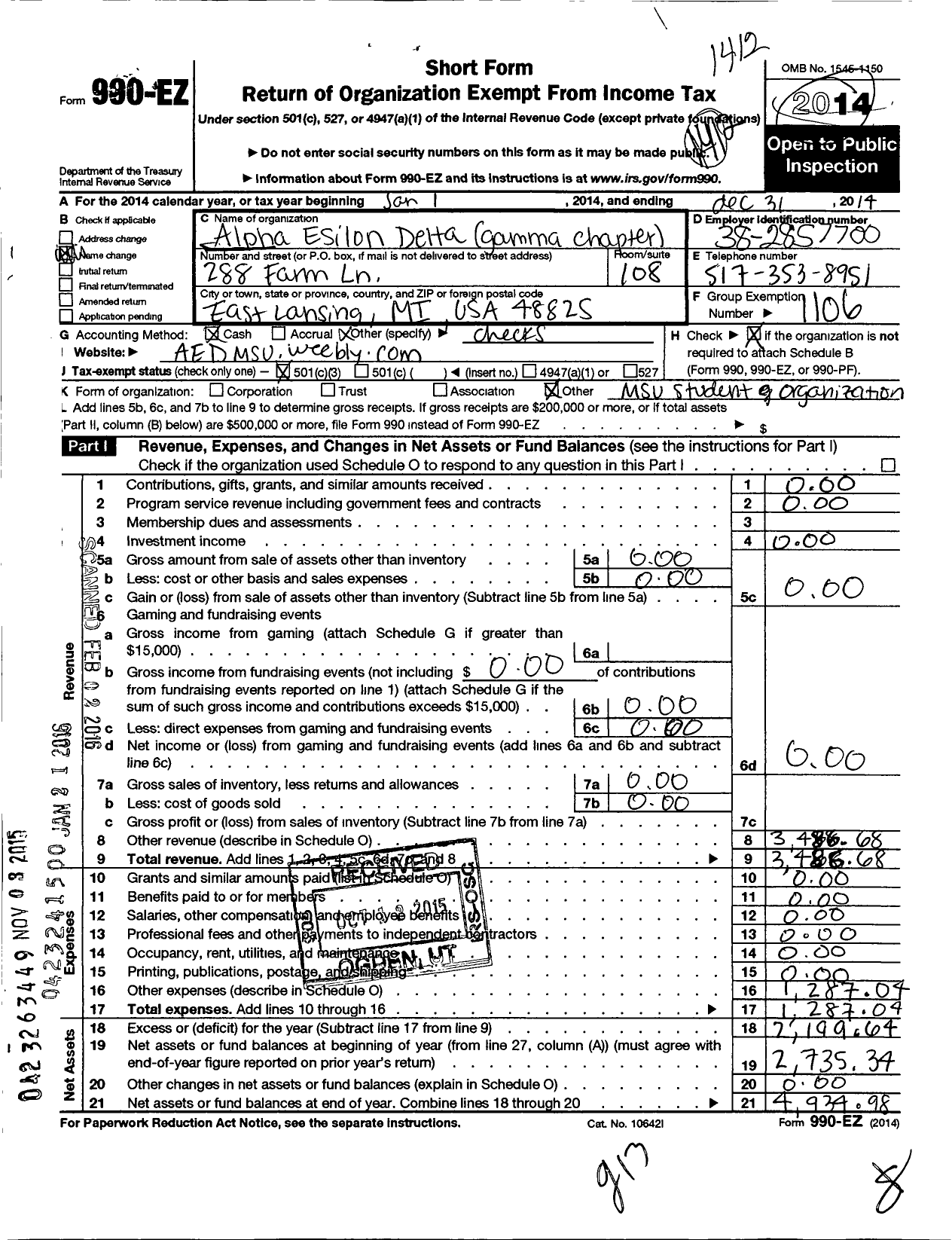 Image of first page of 2014 Form 990EZ for Alpha Epsilon Delta - 146 Michigan Gamma Chapter of Aed