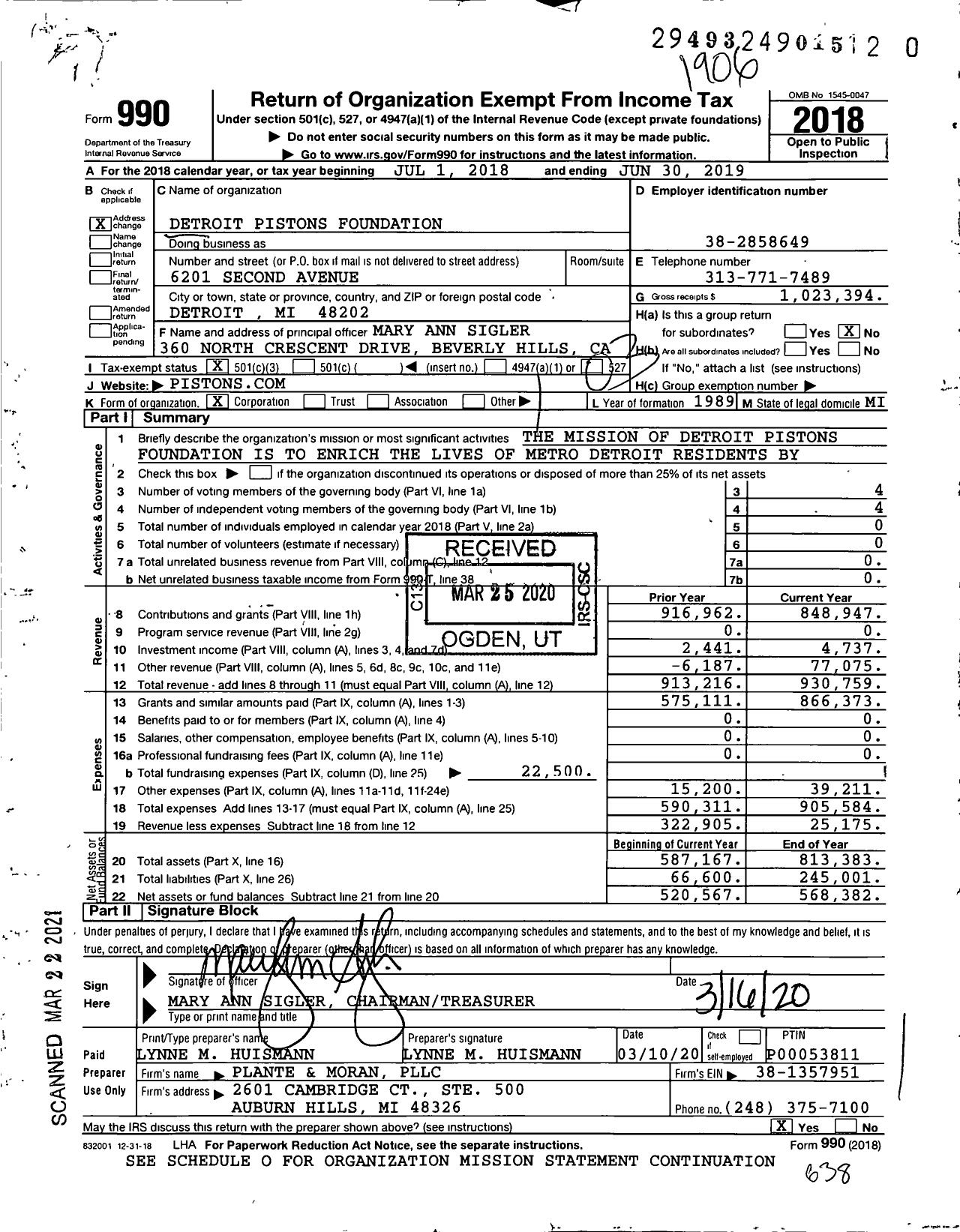 Image of first page of 2018 Form 990 for Detroit Pistons Foundation