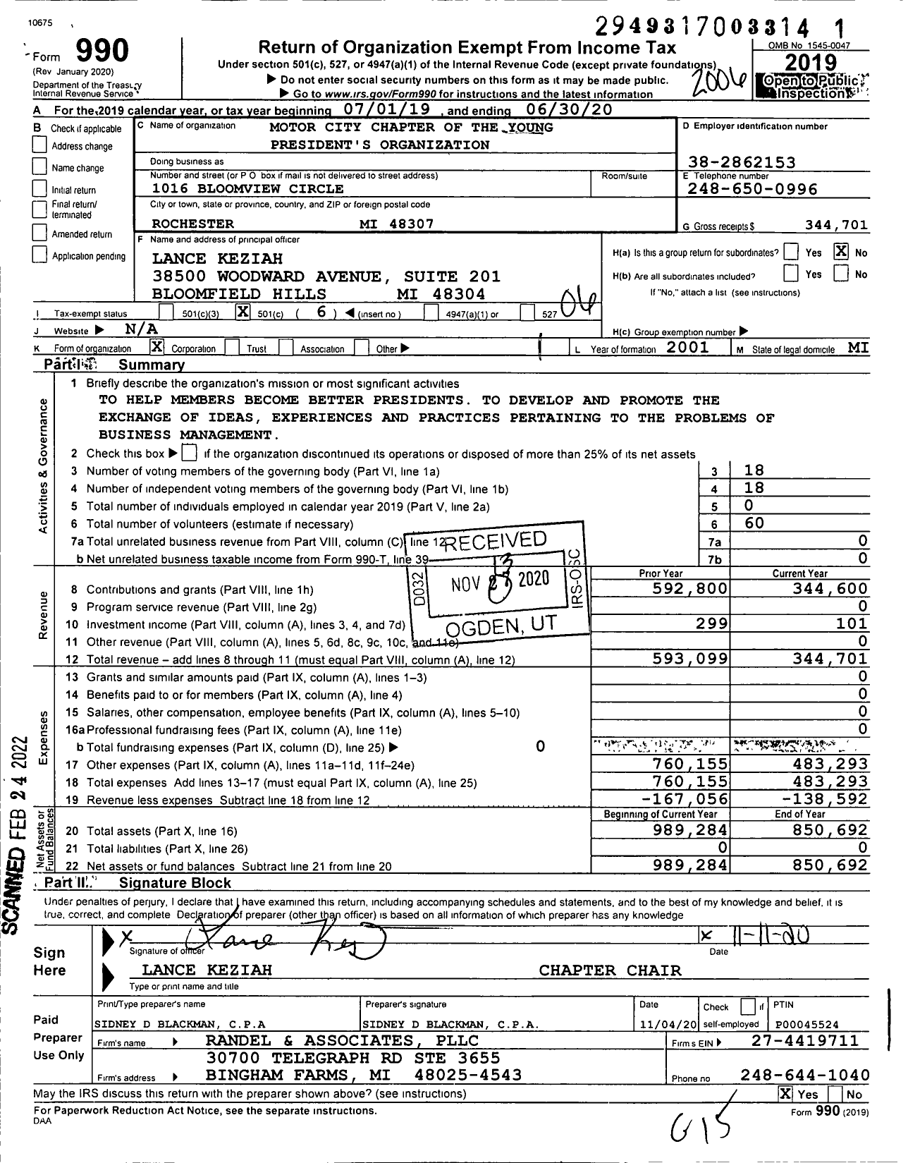 Image of first page of 2019 Form 990O for Young Presidents' Organization - YPO Motor City