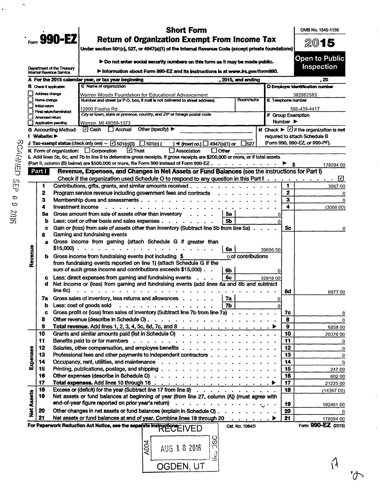 Image of first page of 2015 Form 990EZ for Warren Woods Foundation for Educational Advancement