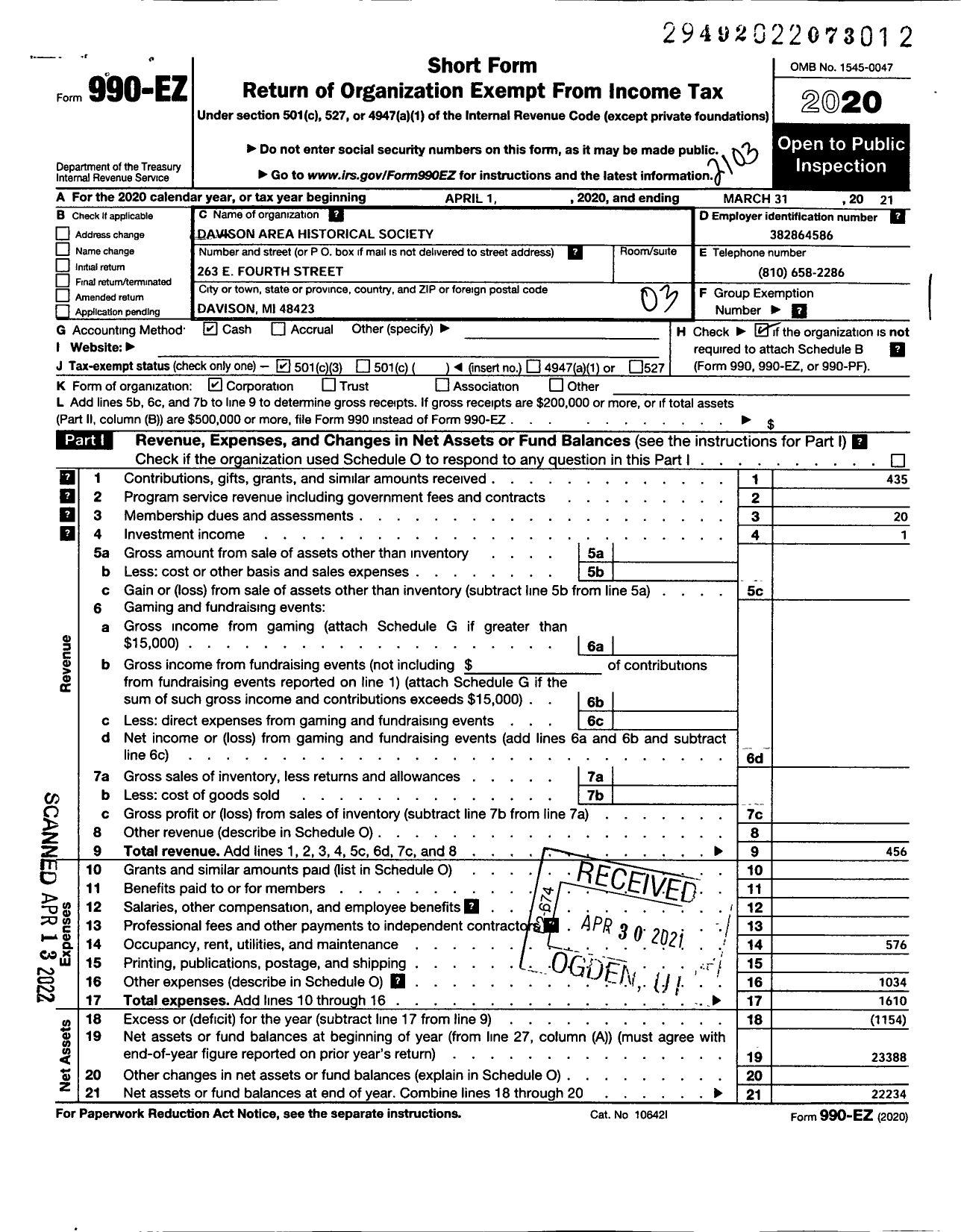Image of first page of 2020 Form 990EZ for Davison Area Historical Society