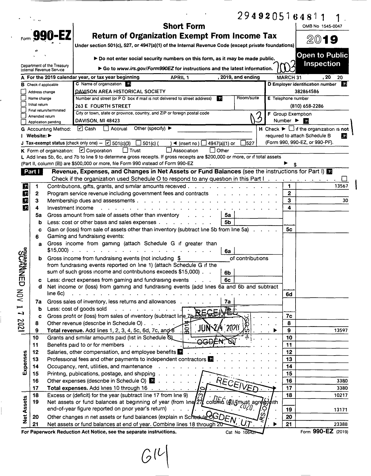 Image of first page of 2019 Form 990EZ for Davison Area Historical Society