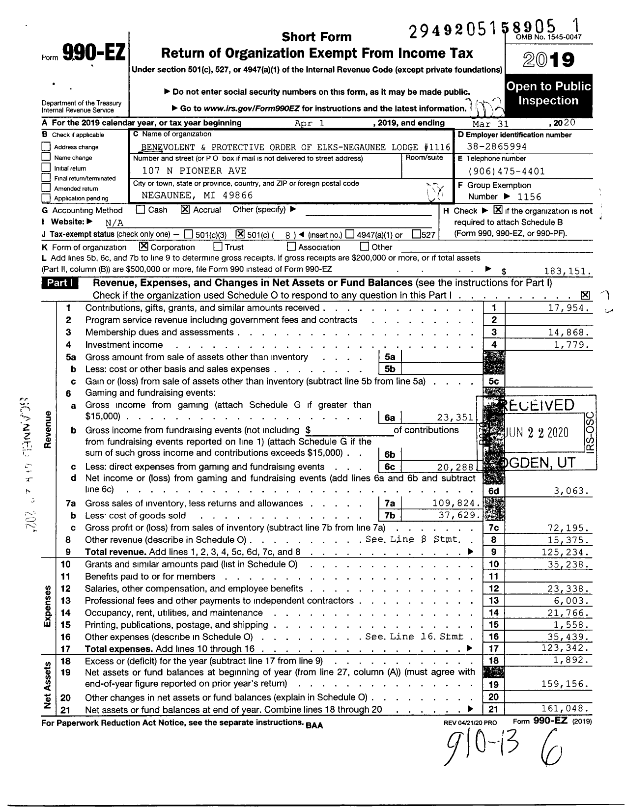 Image of first page of 2019 Form 990EO for Benevolent and Protective Order of Elks - 1116 Negaunee