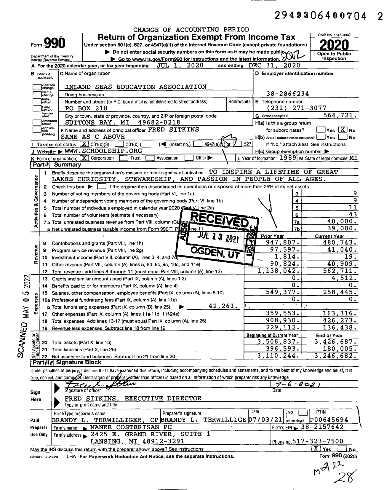 Image of first page of 2020 Form 990 for Inland Seas Education Association (ISEA)