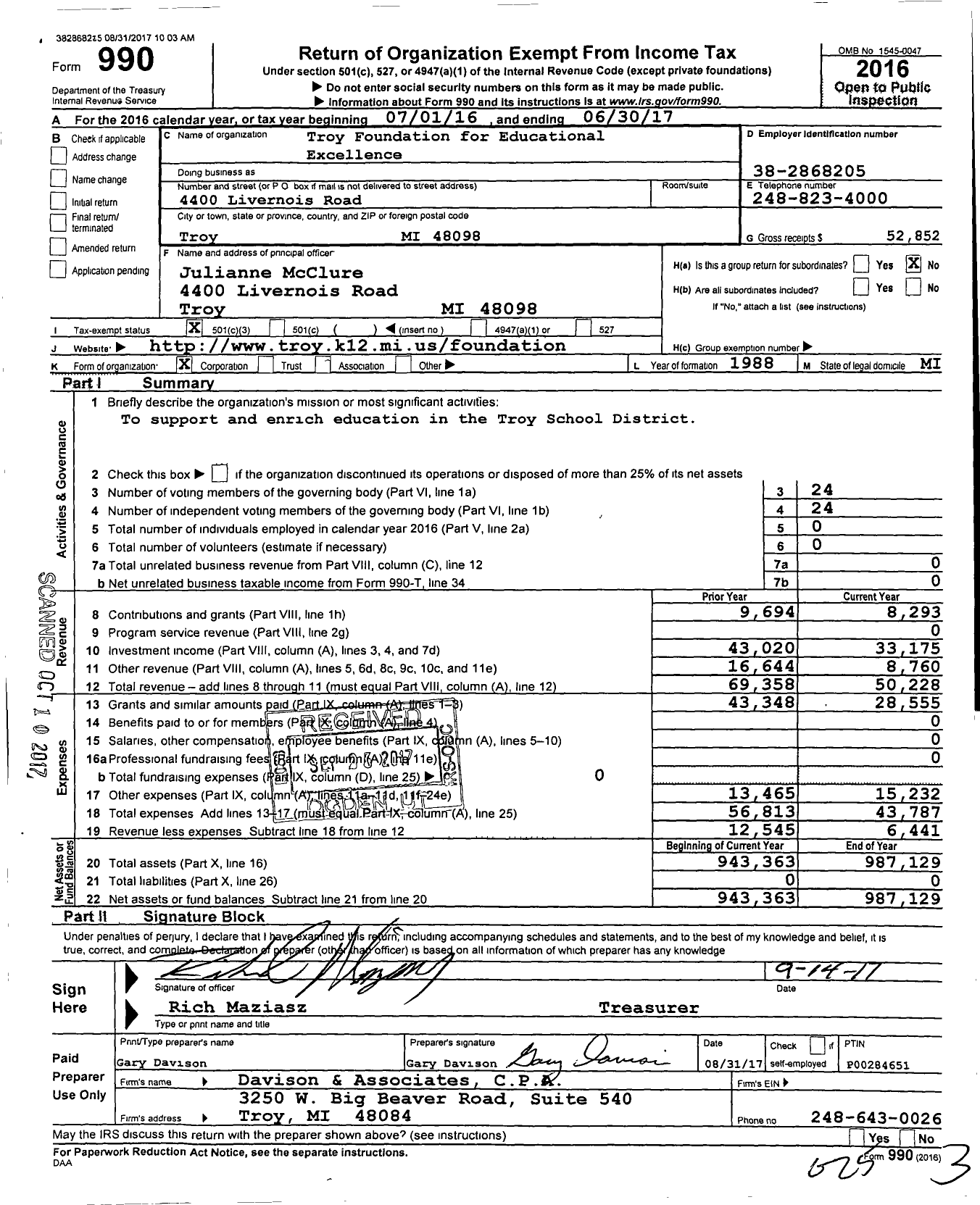 Image of first page of 2016 Form 990 for Troy Foundation for Educational