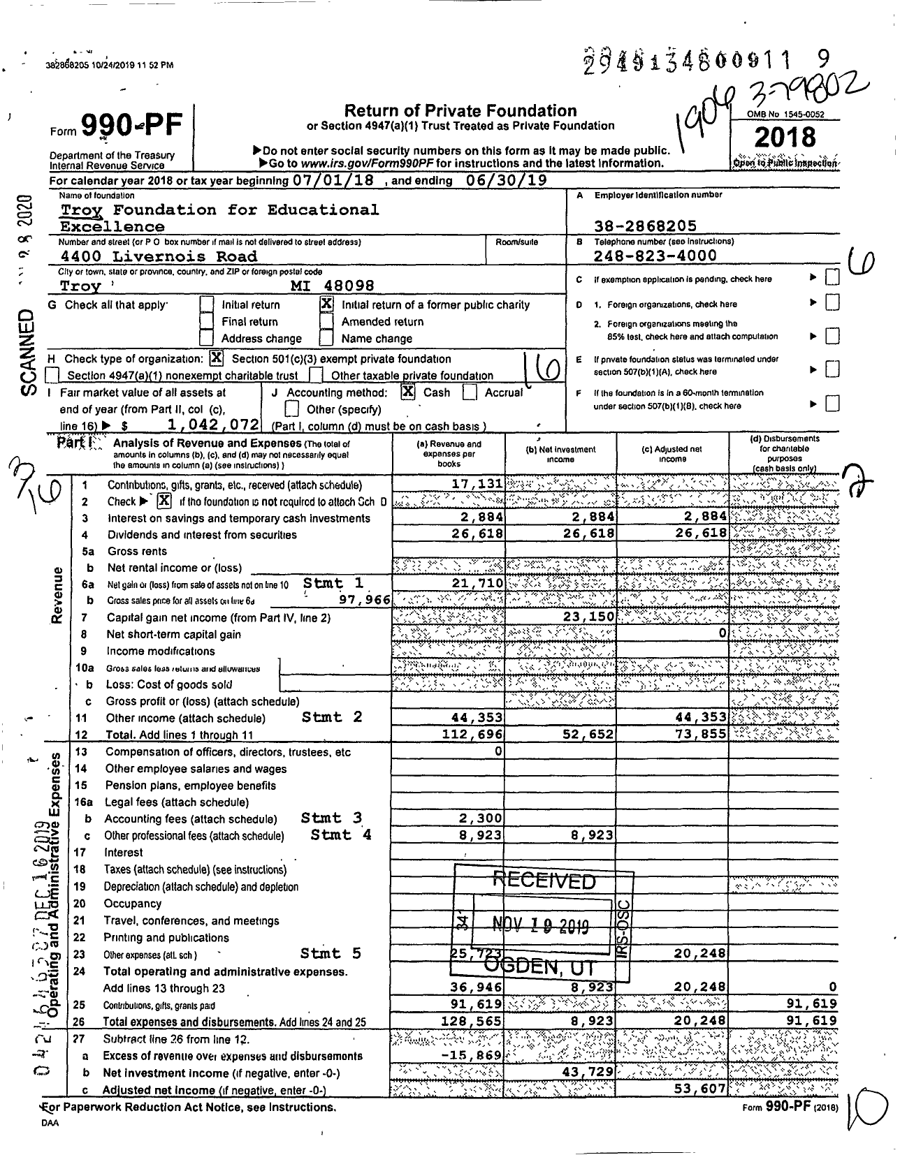 Image of first page of 2018 Form 990PF for Troy Foundation for Educational