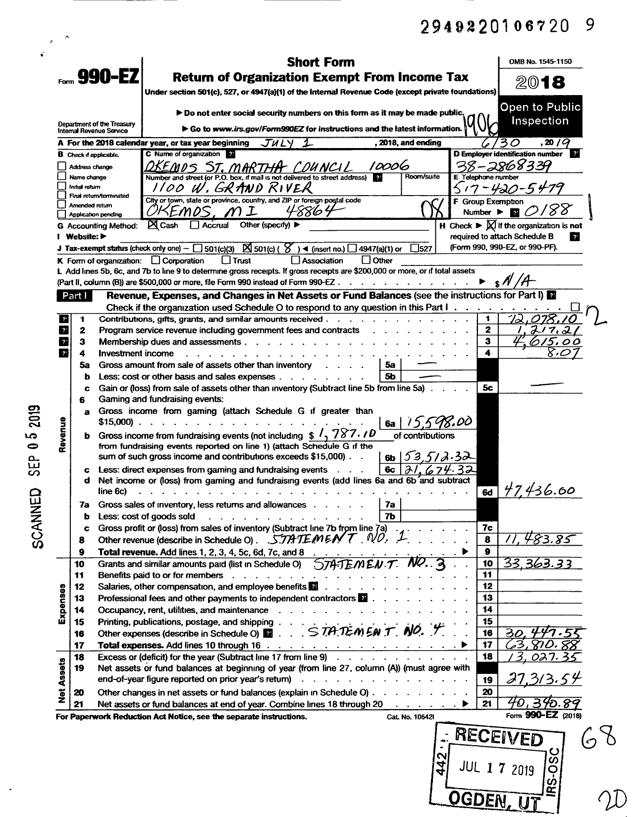 Image of first page of 2018 Form 990EO for Knights of Columbus - 10006 Okemos-Saint Martha Council