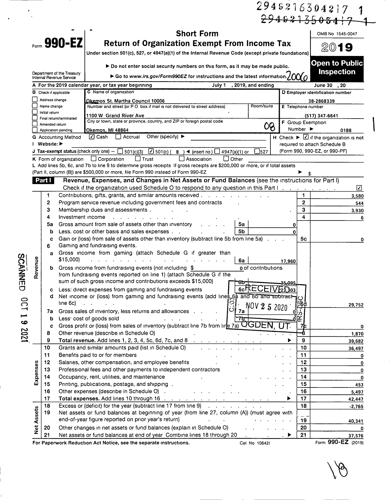 Image of first page of 2019 Form 990EO for Knights of Columbus - 10006 Okemos-Saint Martha Council