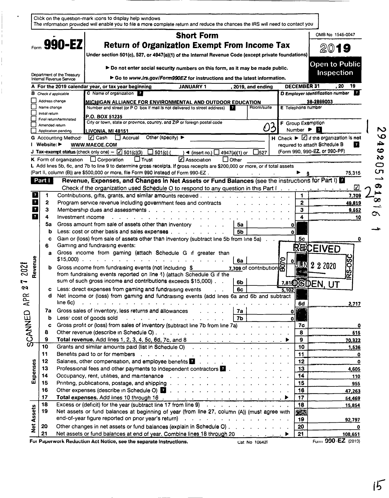 Image of first page of 2019 Form 990EZ for Michigan Alliance for Environmental and Outdoor Education