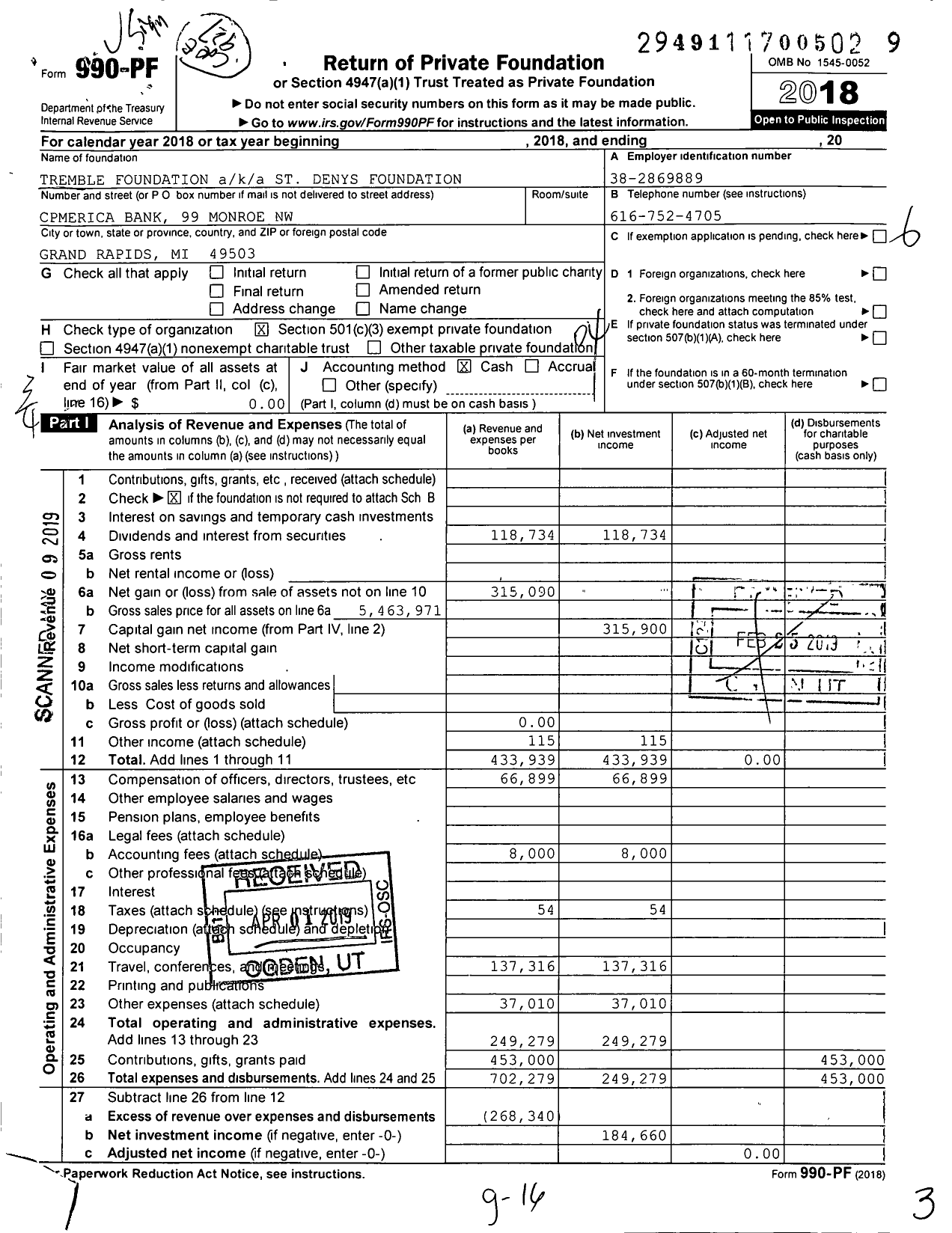 Image of first page of 2018 Form 990PF for Tremble Foundation