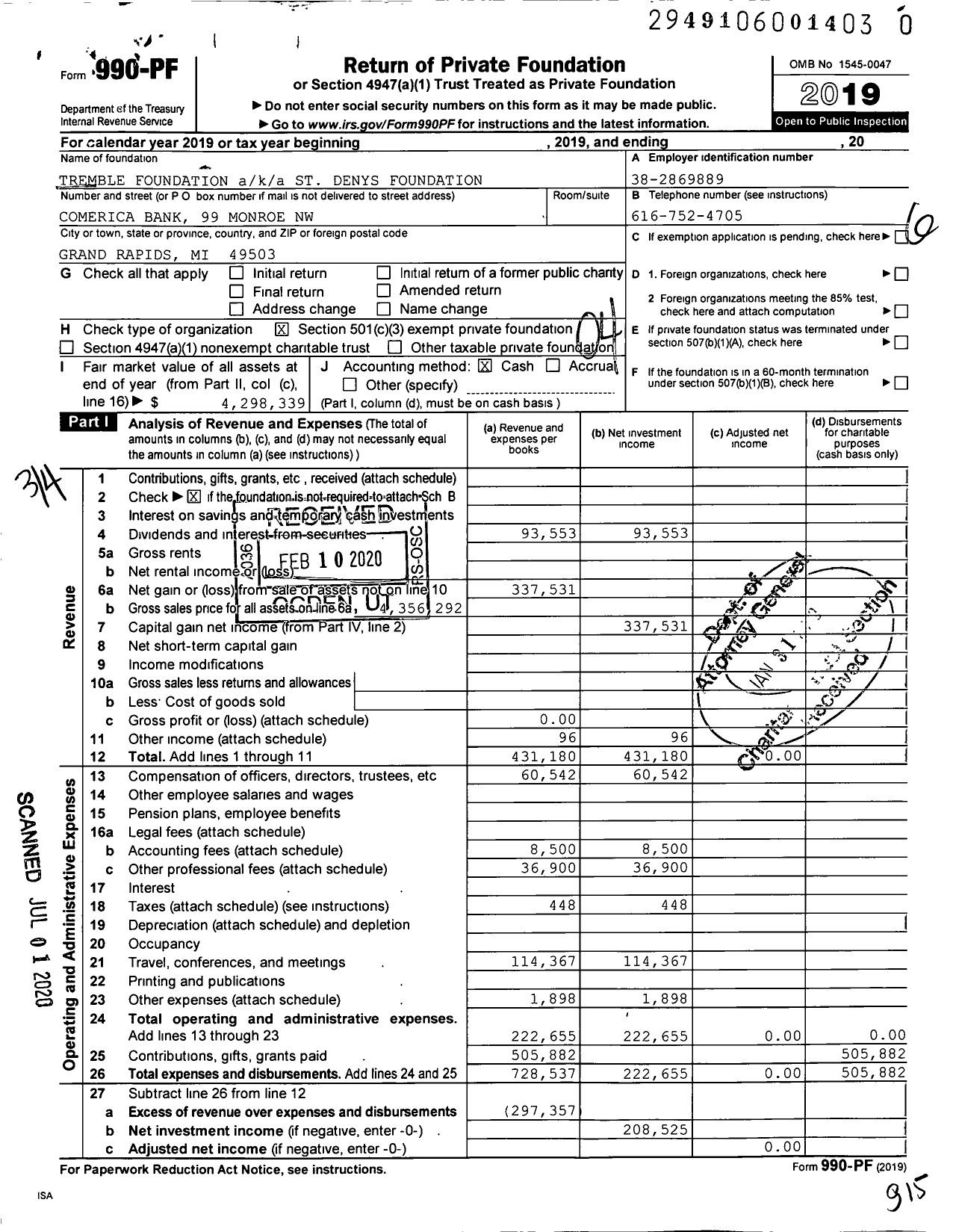 Image of first page of 2019 Form 990PR for Tremble Foundation