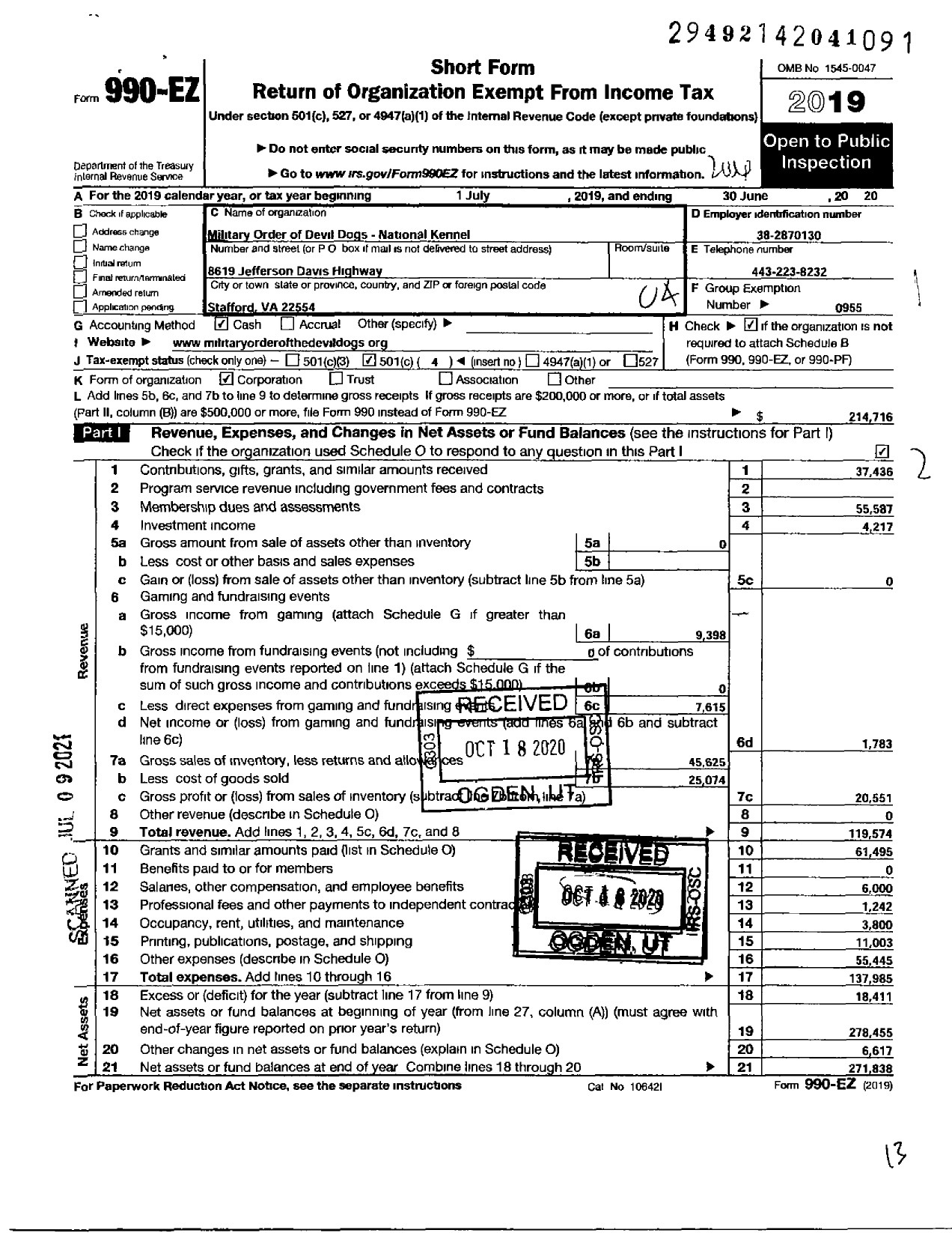 Image of first page of 2019 Form 990EO for Military Order of Devil Dogs National Kennel