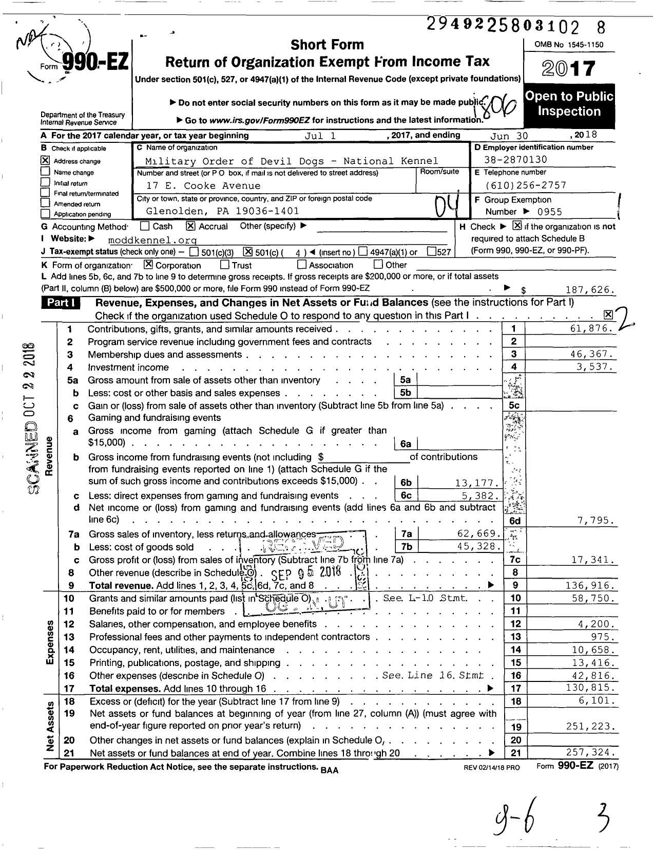 Image of first page of 2017 Form 990EO for Military Order of Devil Dogs National Kennel