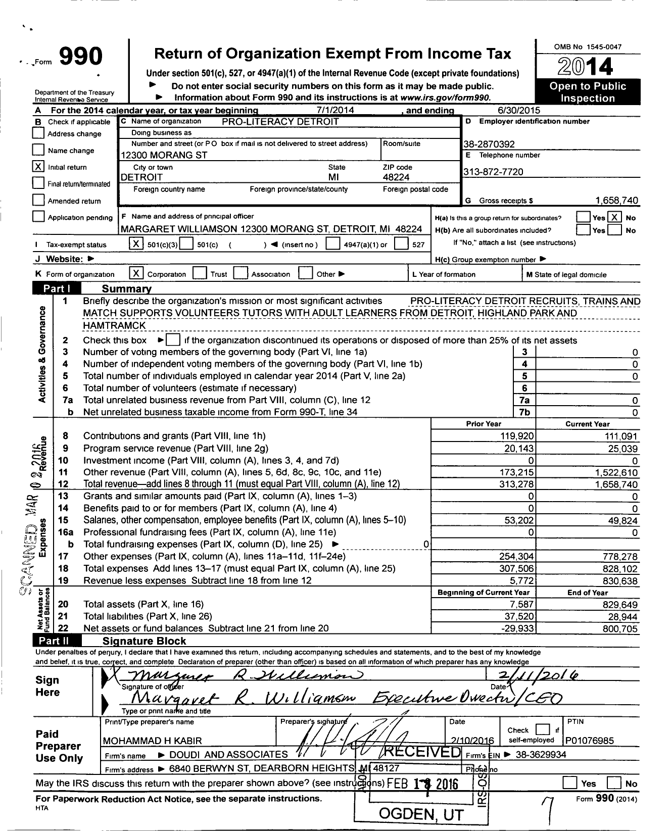 Image of first page of 2014 Form 990 for Proliteracy Detroit