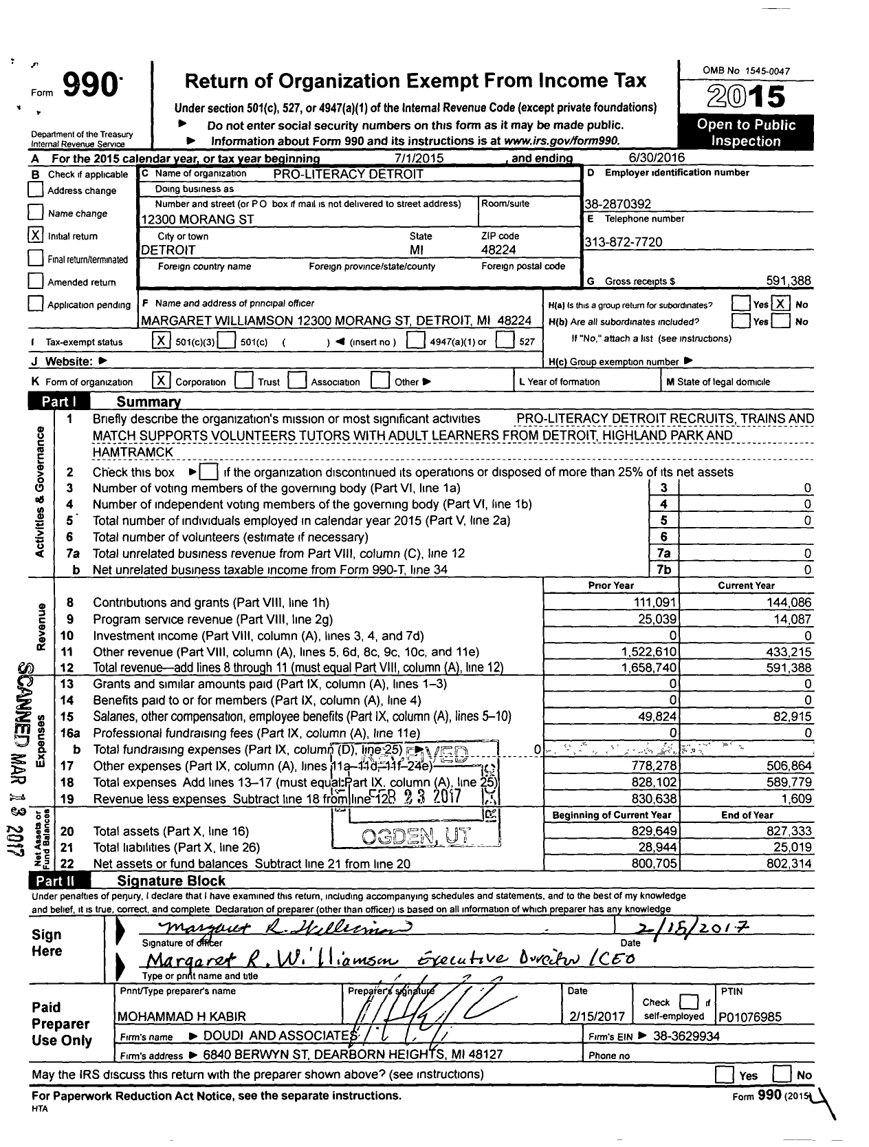 Image of first page of 2015 Form 990 for Proliteracy Detroit