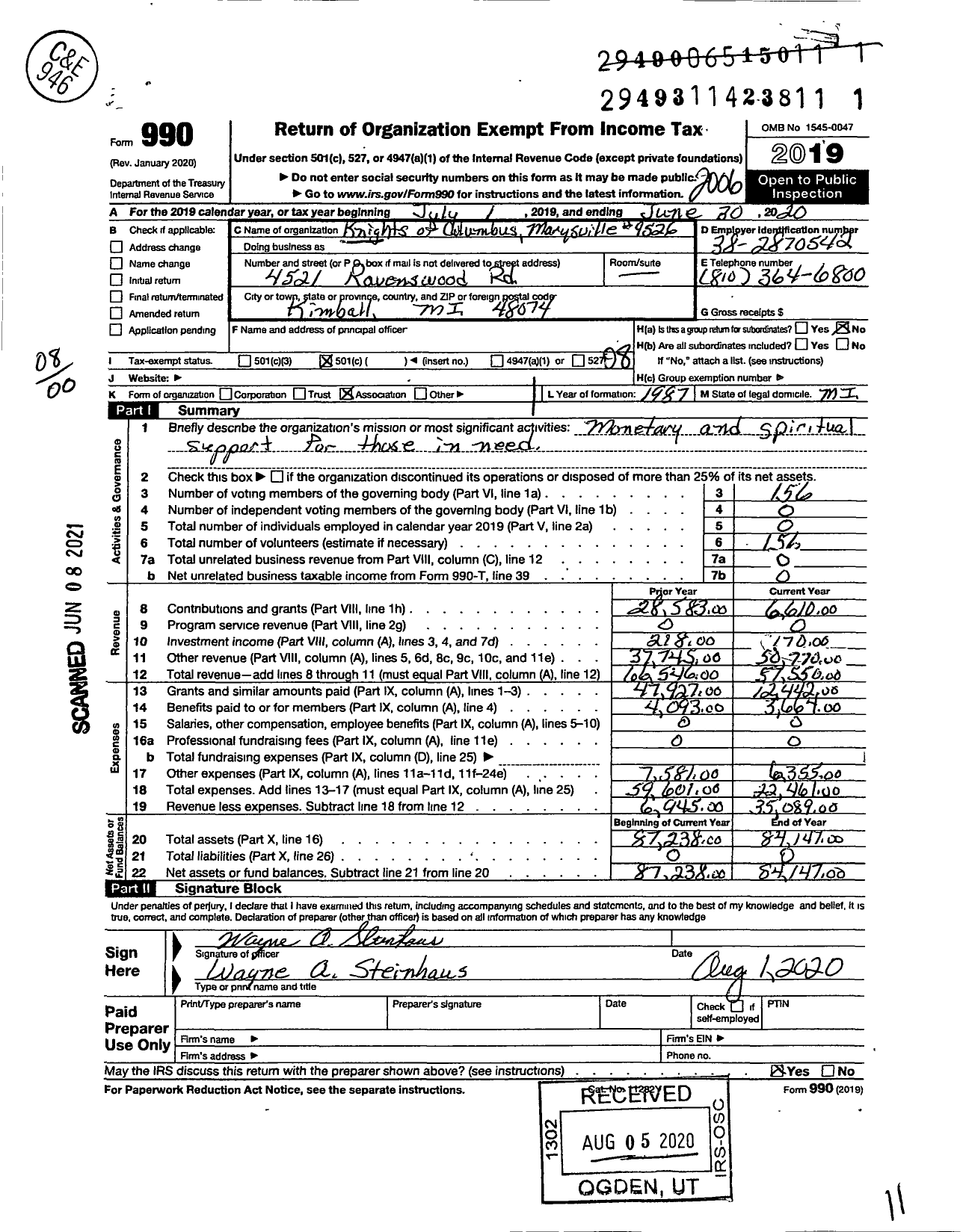 Image of first page of 2019 Form 990O for Knights of Columbus - 9526 Marysville Council