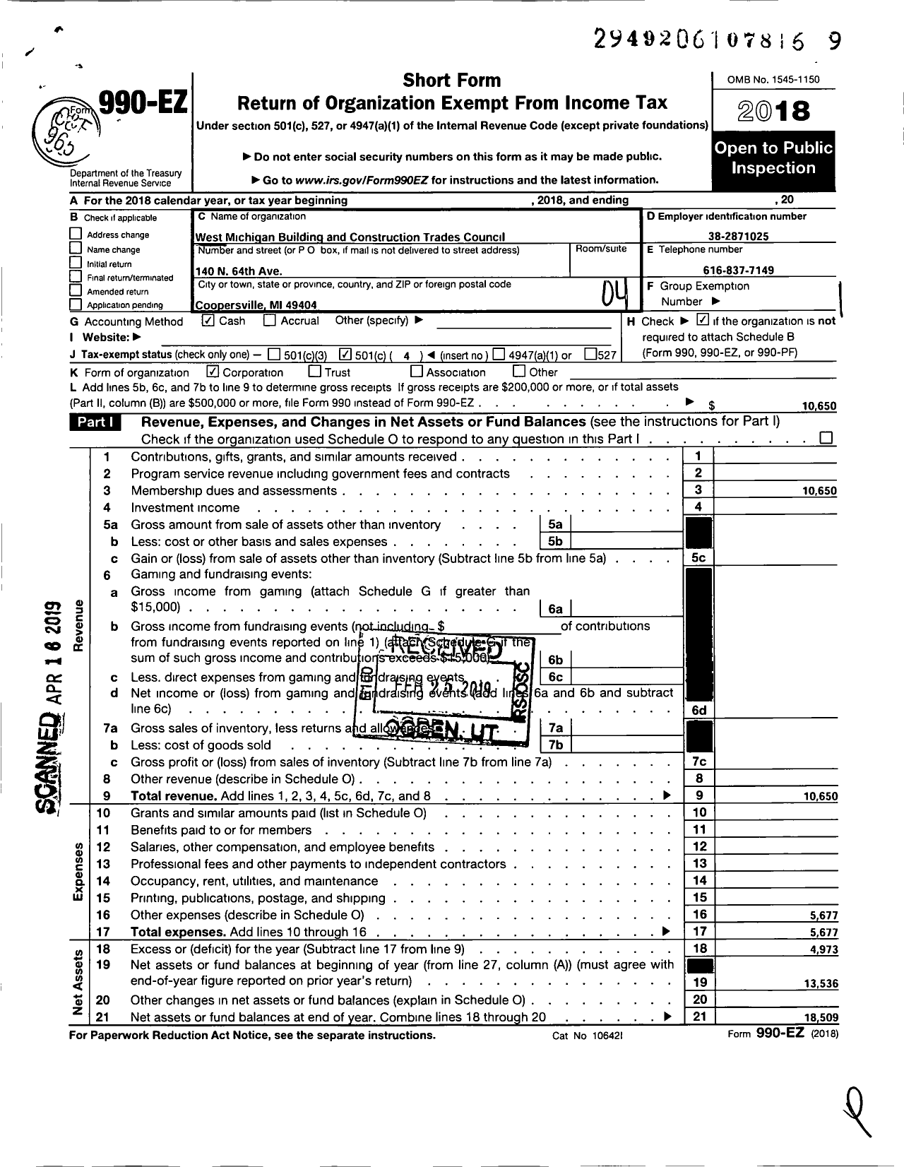 Image of first page of 2018 Form 990EO for American Federation of Labor and Congress of Industrial Orgs