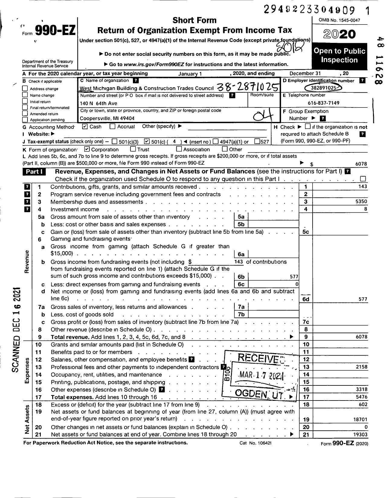 Image of first page of 2020 Form 990EO for American Federation of Labor and Congress of Industrial Orgs