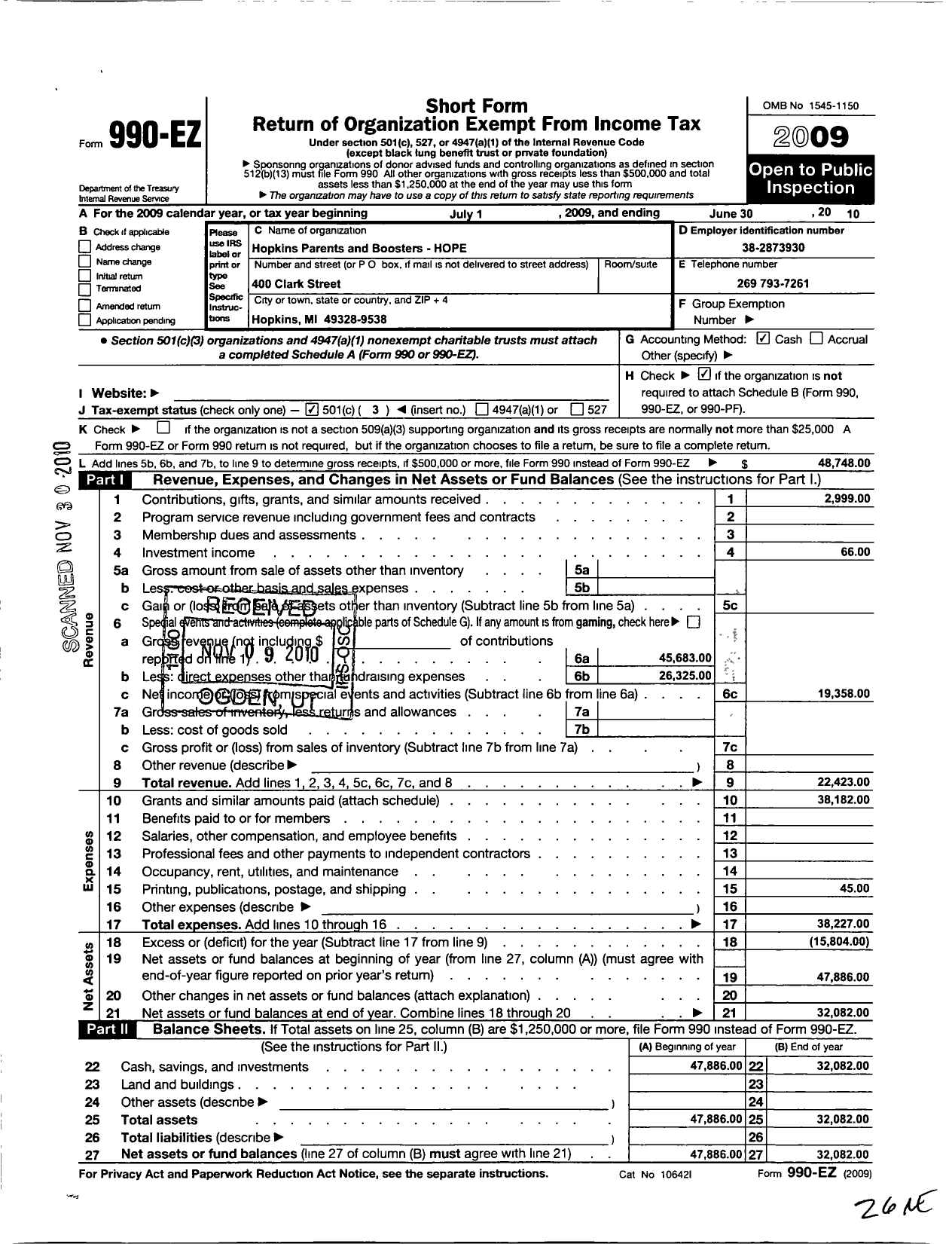 Image of first page of 2009 Form 990EZ for Hopkins Parent and Booster Organizations H O P E Hopkins Org of Parents and Ed