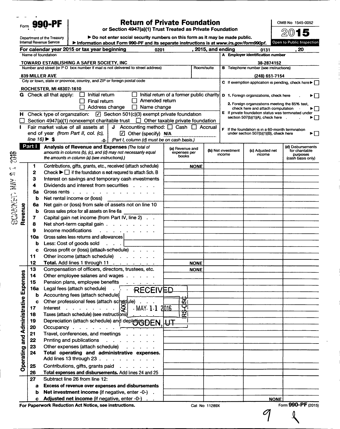 Image of first page of 2015 Form 990PF for Toward Establishing A Safer Society